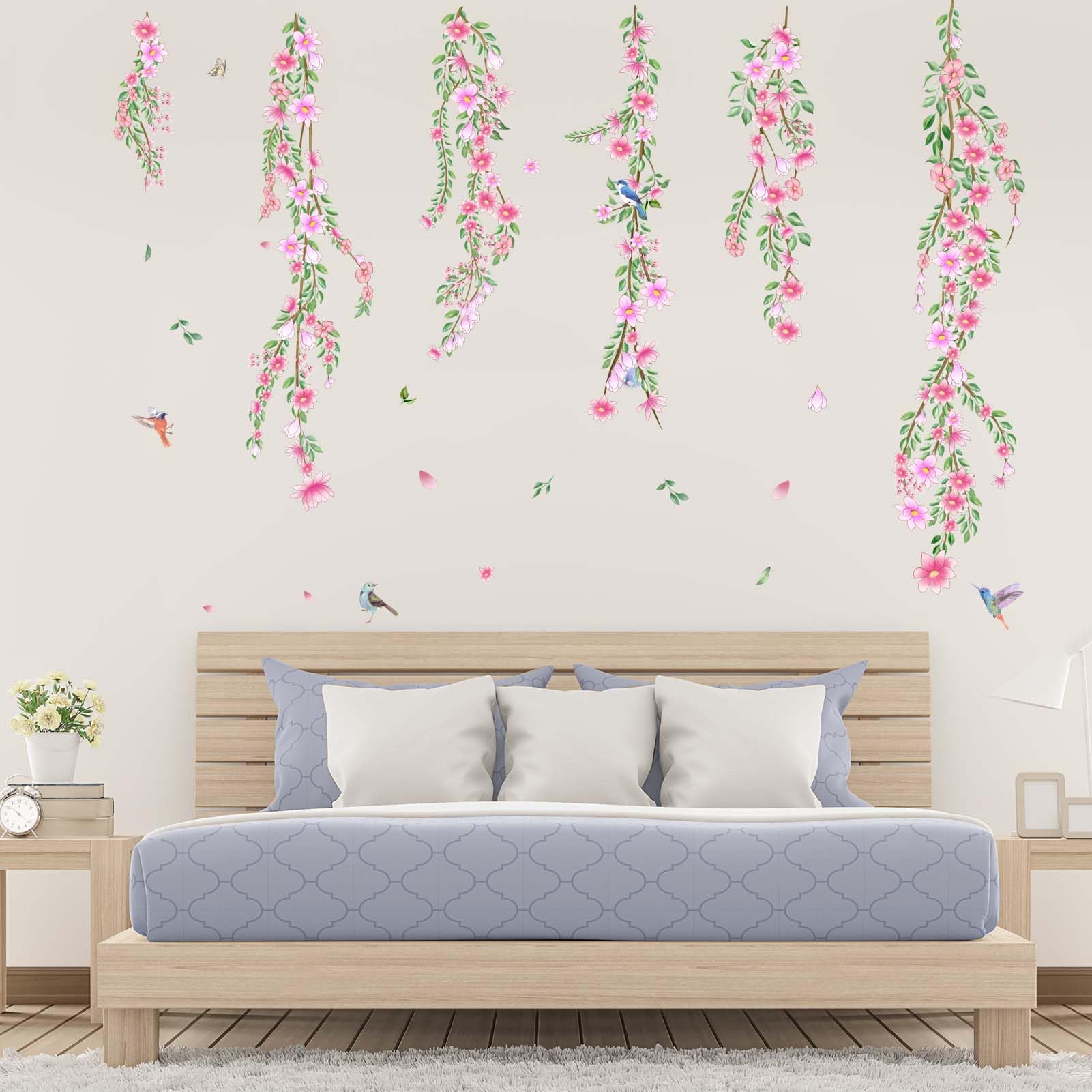 PinkEleph Hanging Vines Flower Wall Decals, Cherry Blossom Tree Branch Floral Birds Wall Stickers - Image 3