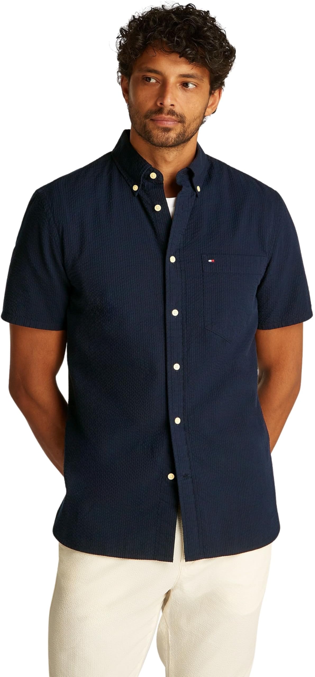 Tommy Hilfiger Men's Blue Seersucker Solid Ss Rf Shirt in Size M, Sports Direct