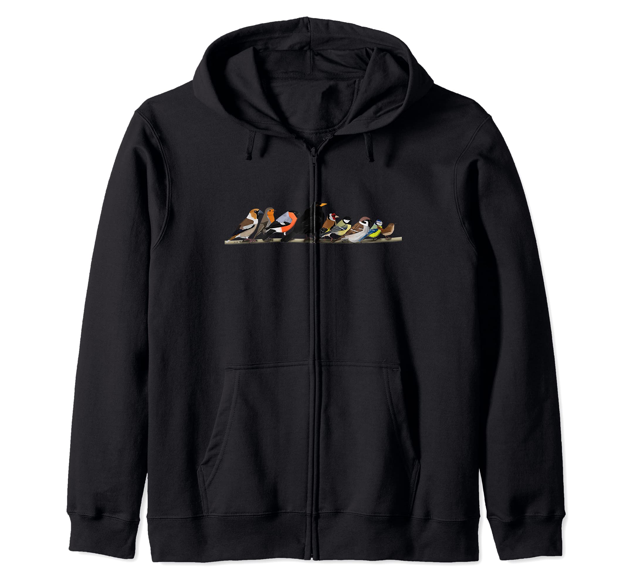 Garden Birds Cuddle on a Branch Bullfinch Wren Birdlover Zip Hoodie, Black