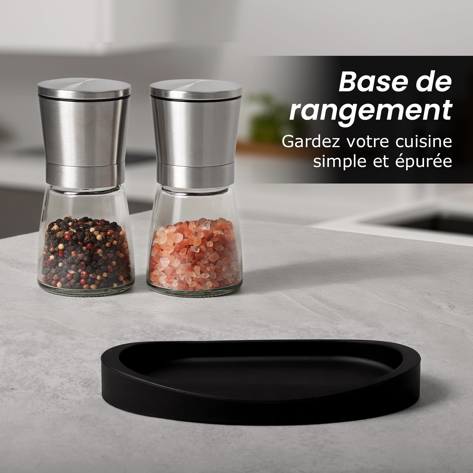 Vevouk Ensemble de moulins à sel et à poivre, en céramique, réglable, en acier inoxydable, avec support en caoutchouc pour moudre le poivre, la cuisine [Classe énergétique A++]