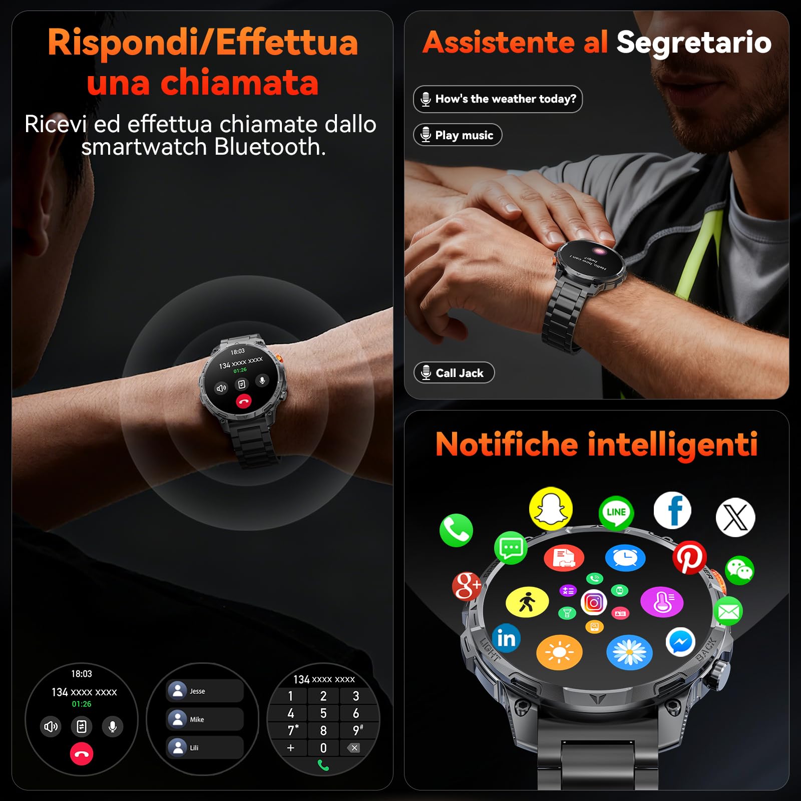 Smartwatch Uomo Militare, Batteria da 1000 mAh, Due Cinturini, Schermo HD da 1,75", Torcia LED, 100＋ Modalità Sportive, Monitoraggio della Salute, Chiamate Bluetooth per iOS Android (Nero)
