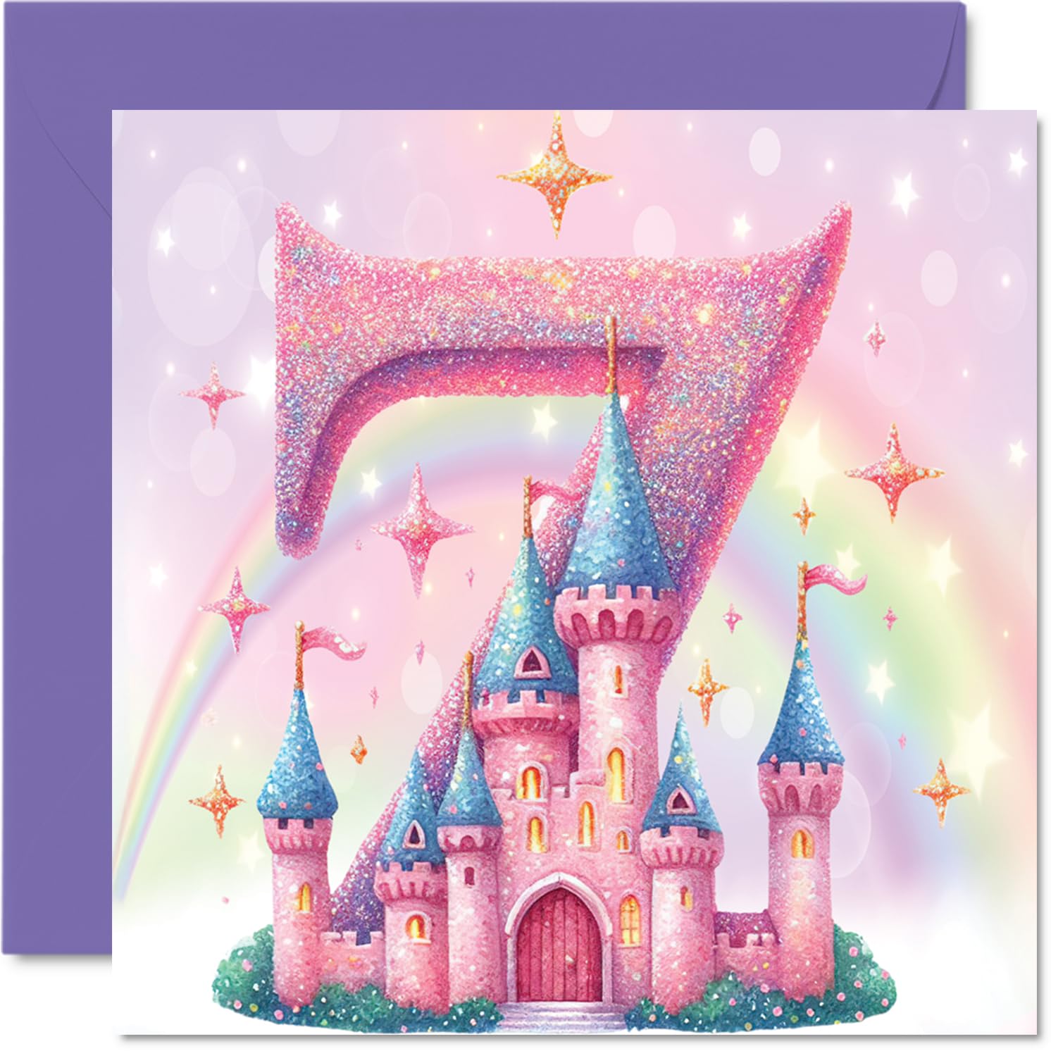 7th Birthday Cards for Girls, Fairy Princess Castle