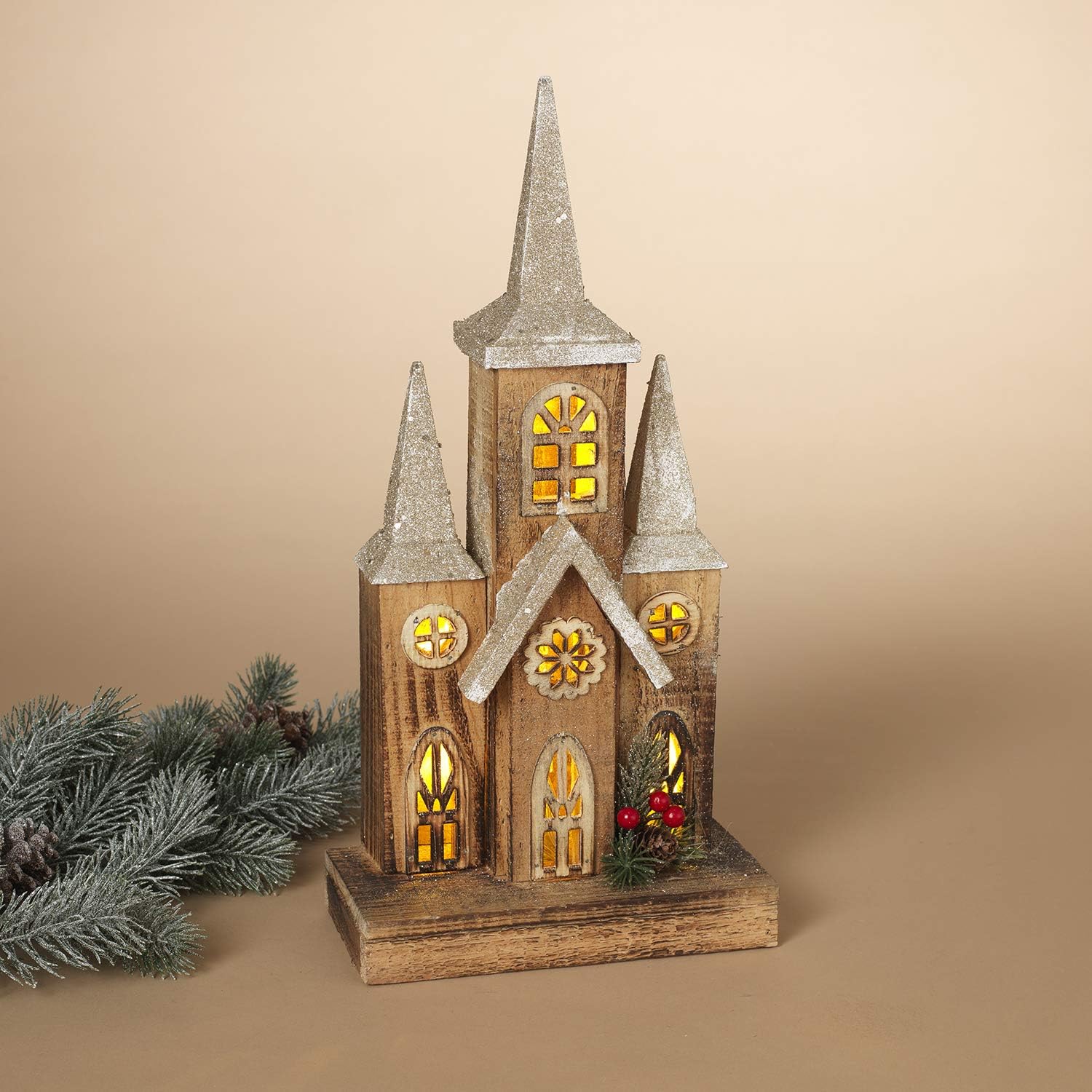 One Holiday Way 16-Inch Decorative LED Light Up Rustic Wood Church – Vintage Lighted Christmas Village House Country Farmhouse Mantel Decoration – Winter Tabletop Shelf Home Decor
