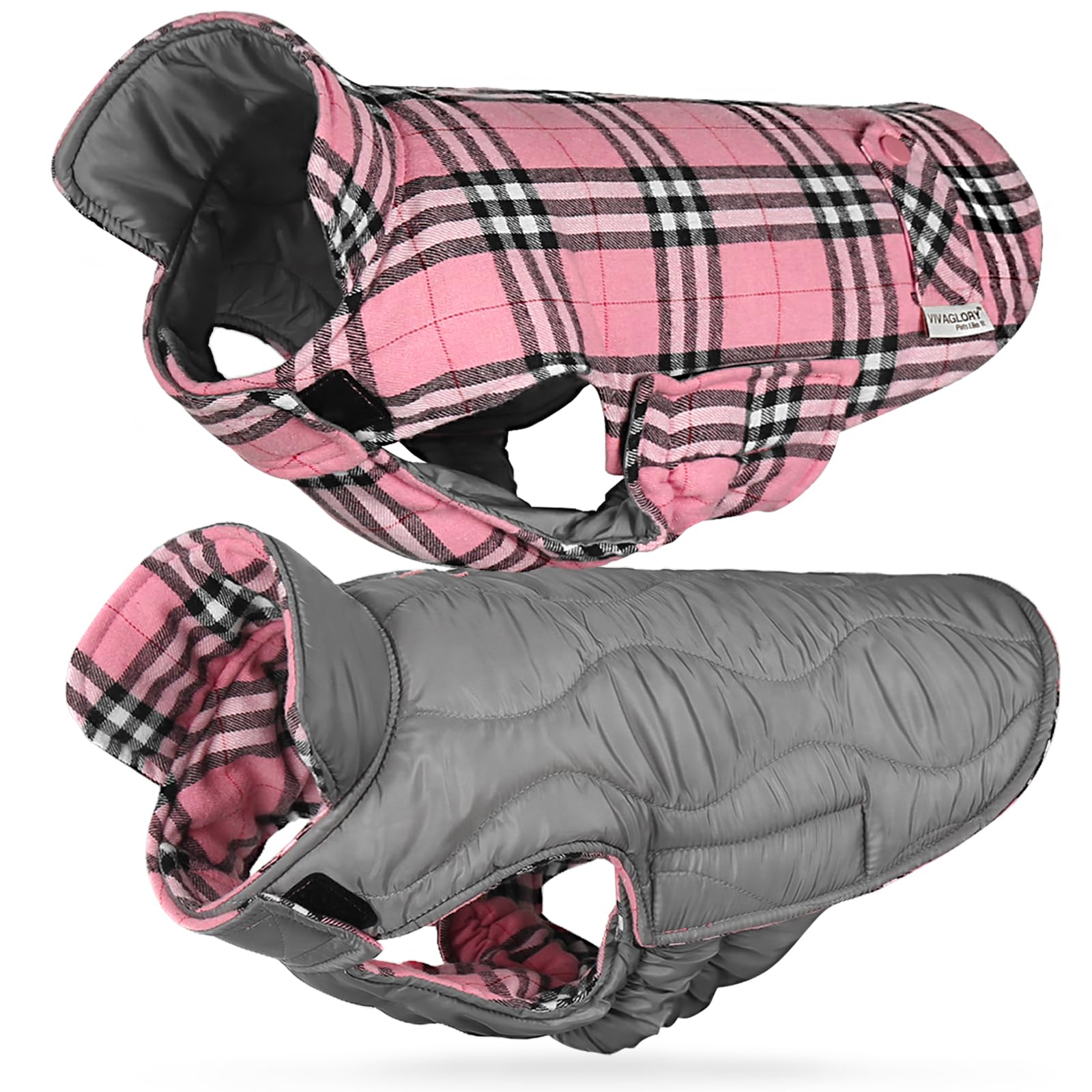 VIVAGLORY Softjoy Dog Coat, Dog Jacket for Winter & Christmas, Coat with Harness Hole, Reversible Plaid Checkered Warm Fluffy Heavy Duty for Puppy, XS
