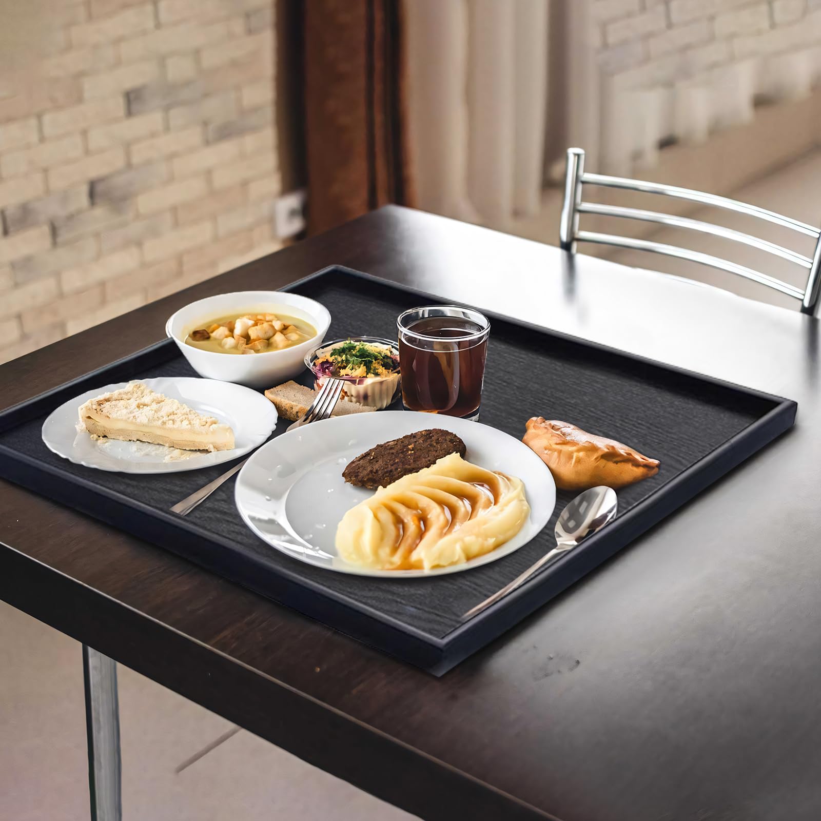 Vassoio da portata quadrato extra large da 50 cm, in legno massello, classico vassoio da tè e caffè, vassoio decorativo in legno nero, vassoio ottomano per servire snack, cucina, feste, bar, bordi