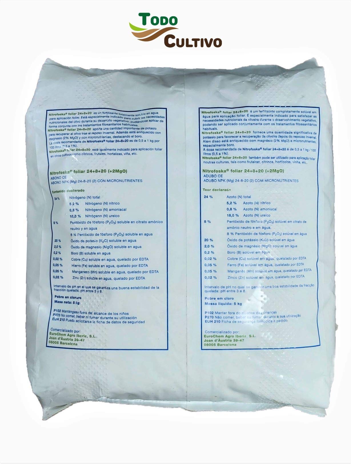 Nitrofoska Abono foliar 24-08-20. 10 KGS(2X5kgs). Primavera y brotacion. Fertilizante nitrogenado.Abono foliar para olivos
