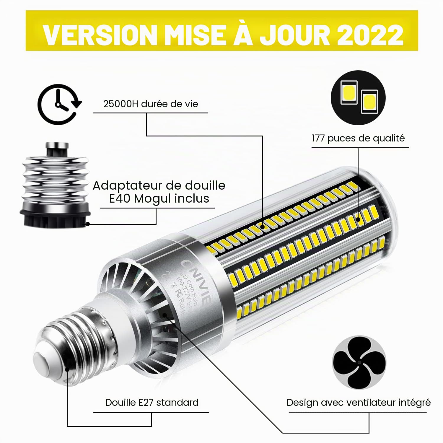 54W Ampoule À MAÏS À LED, 6400 Lumens équivalent 800W, 6500K Blanc froid Lumière du Jour, Ampoules Maïs Lampe LED, E27 /E40 Base, pour l'éclairage Commercial, Garage, Entrepôt, Usine