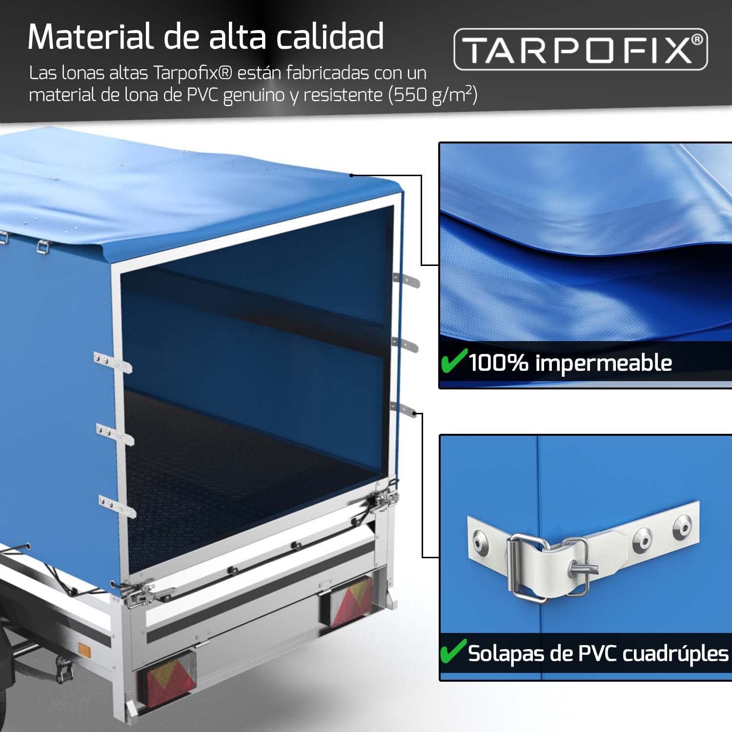 Tarpofix® Cubierta Alta para Remolque 256x131x135 cm con Cuerda – PVC Resistente – Funda Duradera 750kg & 1000kg