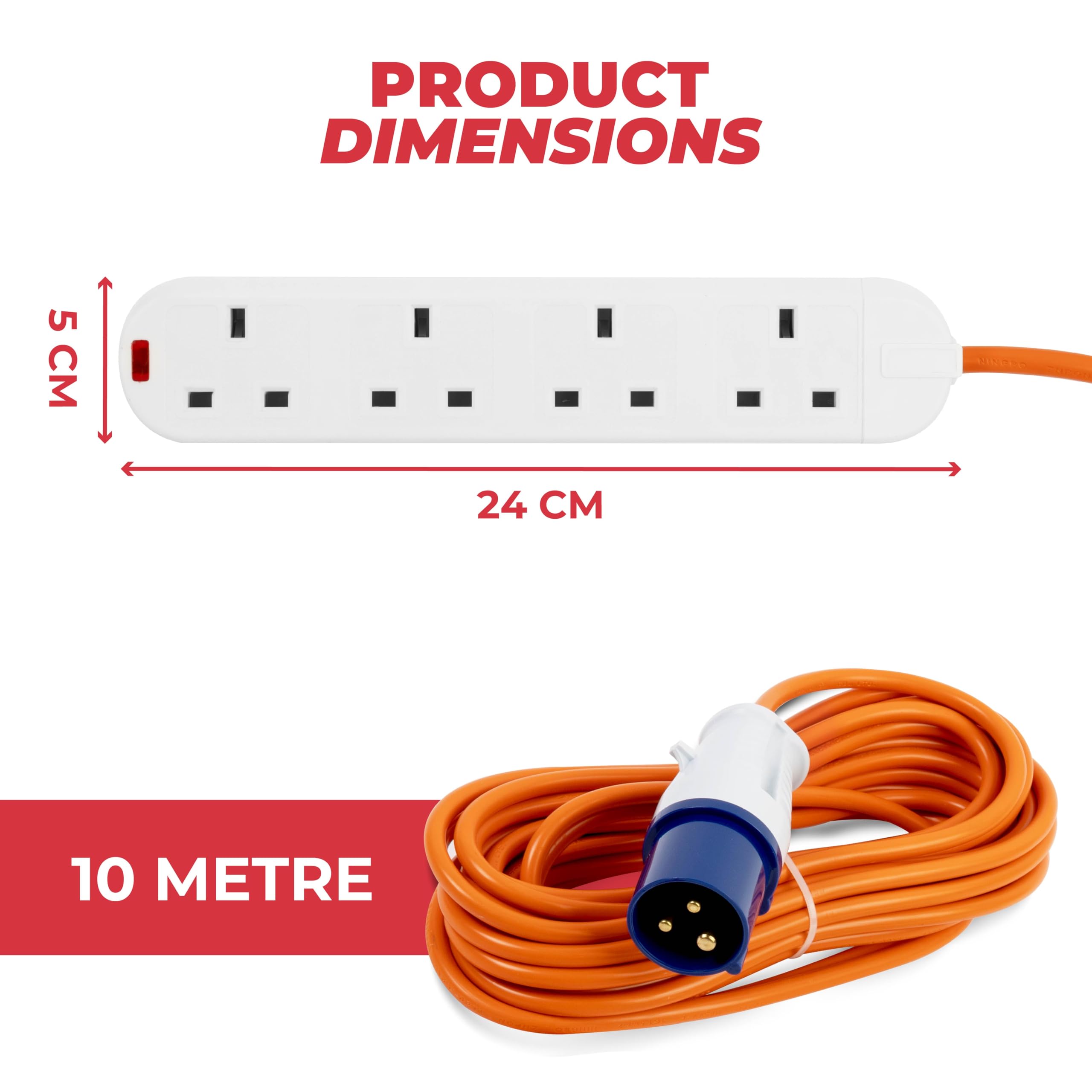 GADLANE Camping Electric Hook Up Cable - Heavy Duty 10 Metre, 4 Gang Electric Hook Up for Camping, Mobile Homes, Refrigerated Vehicles - High Visibility 16A Caravan Extension Lead (10M) — view 3