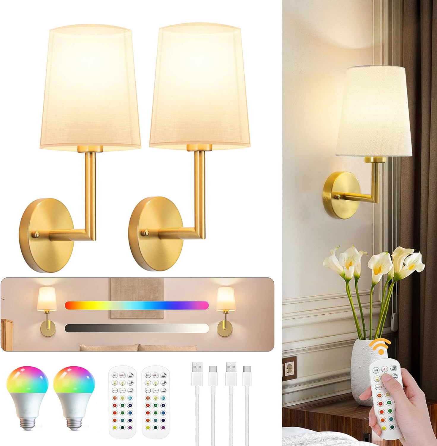 JKEYES Battery Operated Wall Sconces Set of Two, Gold Cordless Wall Sconce with 10000mAh RGB Dimmable Detachable Rechargeable Bulbs, 12 Colors Sconces Wall Decor for Bedroom Living Room Hallway