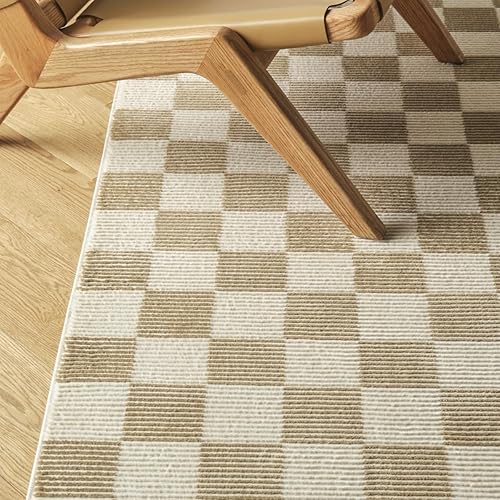 Gambit - Alfombra a cuadros lavable para sala de estar o dormitorio, 100% reciclada, con certificación Oeko-Tex, pelo mediano, camello, beige