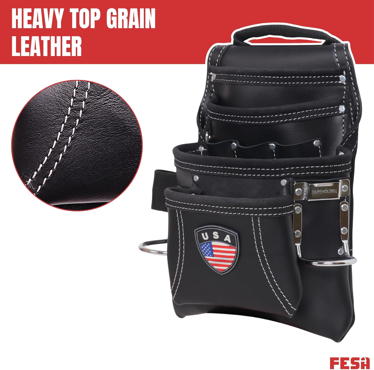 FESA Leather Carpenter Tool Pouch - 10-Pocket Heavy Top Grain Leather Carpenter Pouch with 2 Hammer Loops, Large & Small Pockets - Fits Work Belts up to 3" - Handcrafted - Country-Themed