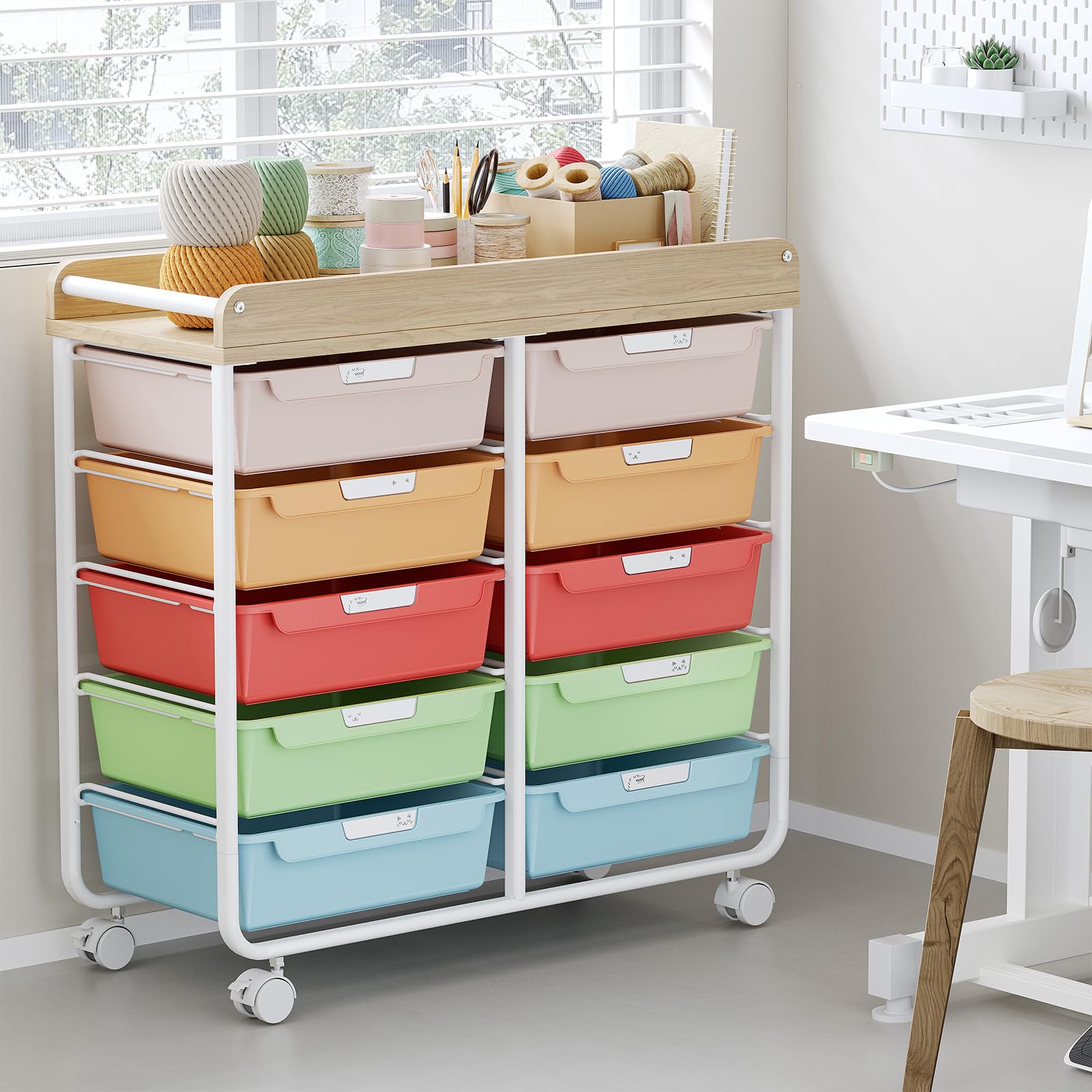 KINGRACK Chariot de Rangement à Roulettes Avec 10 Tiroirs, Chariot à Roulettes Avec Tiroirs Pour Matériel de Bricolage, Matériaux Artistiques, Bureaux à Domicile et Salles de Classe (Multicolore)