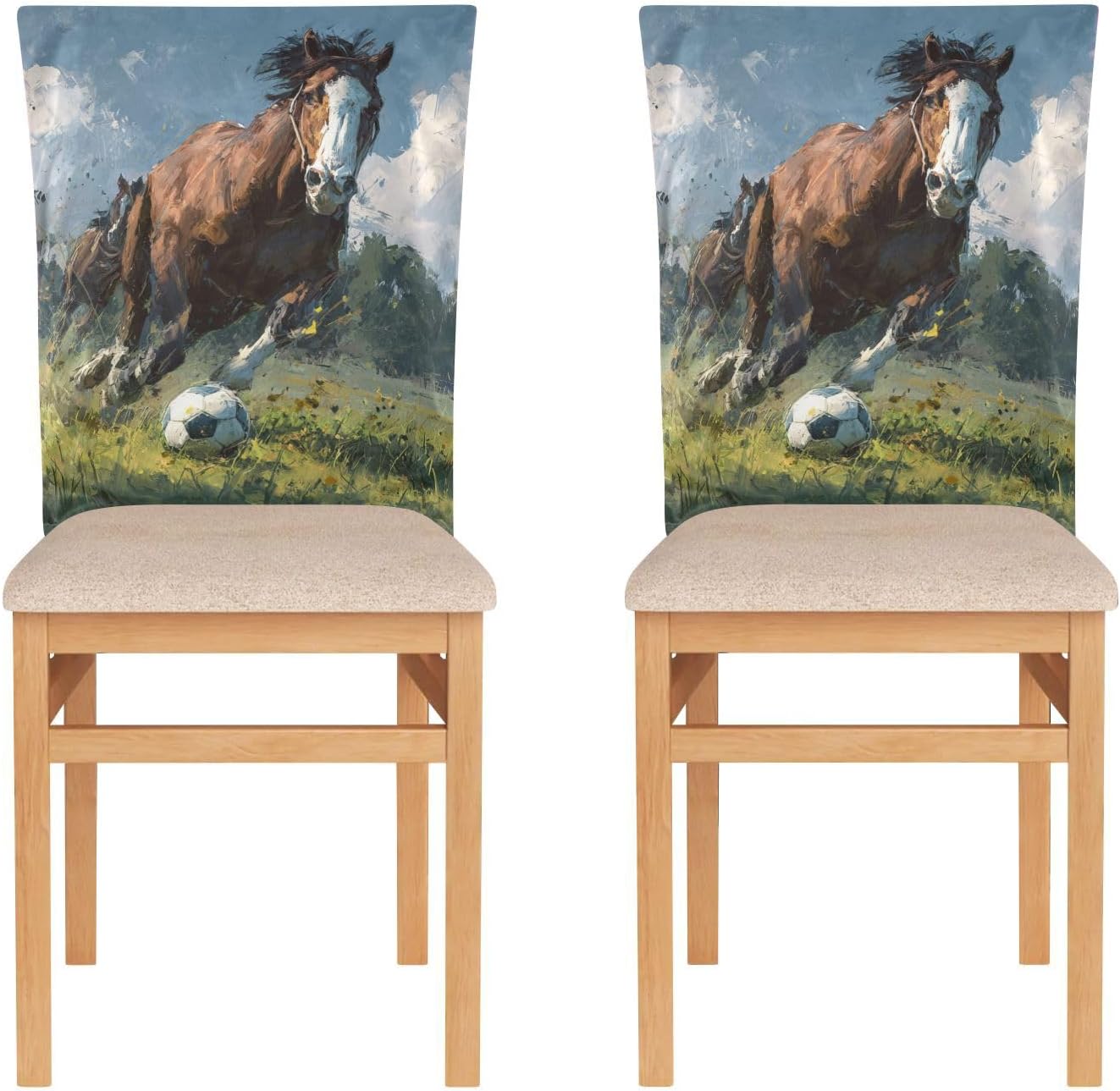 ALAZA Retro Soccer Balls and Horse Chair Back Cover Set of 6, Washable Reusable Removable Chair Slipcovers Decorative Chair Cover for Home Kitchen Wedding Party