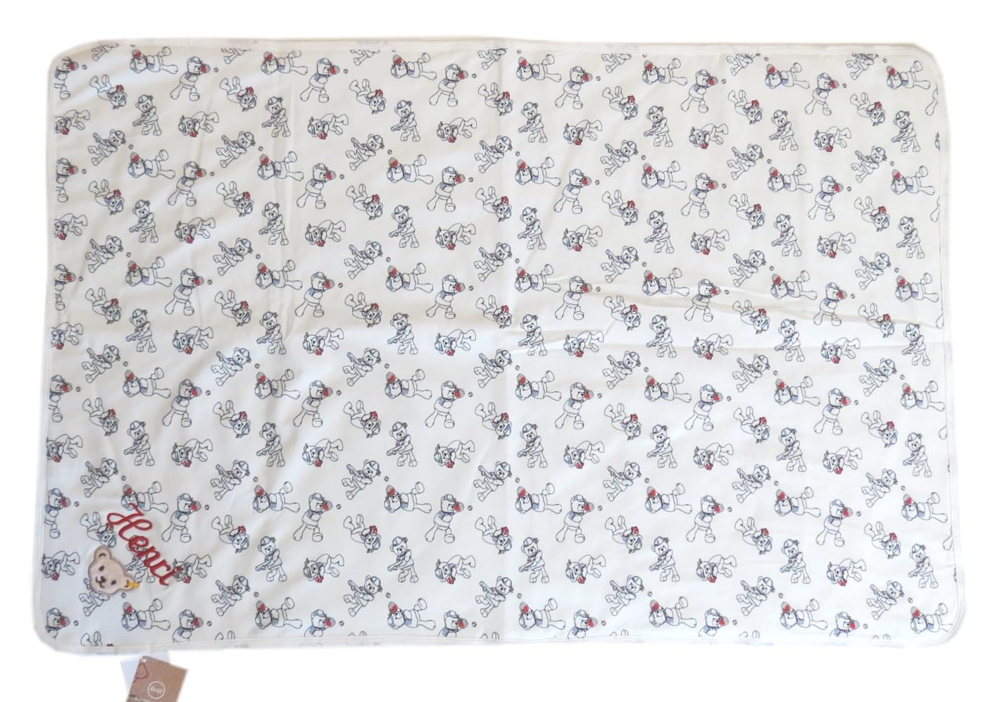 Babydecke mit Wunschnamen bestickt Baseball-Teddy weiß 90 cm x 60 cm