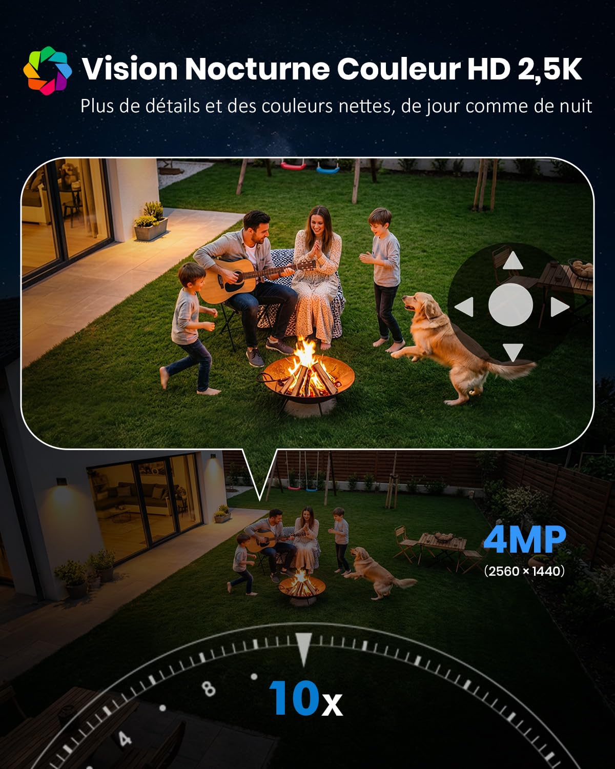 2.5K 4MP Camera Surveillance WiFi Exterieure sans Fil, 360° PTZ Camera Exterieur Solaire Batterie avec Panneau Solaire Amovible, 2.4/5G WiFi, Vision Nocturne Couleur, Audio Bidirectionnel