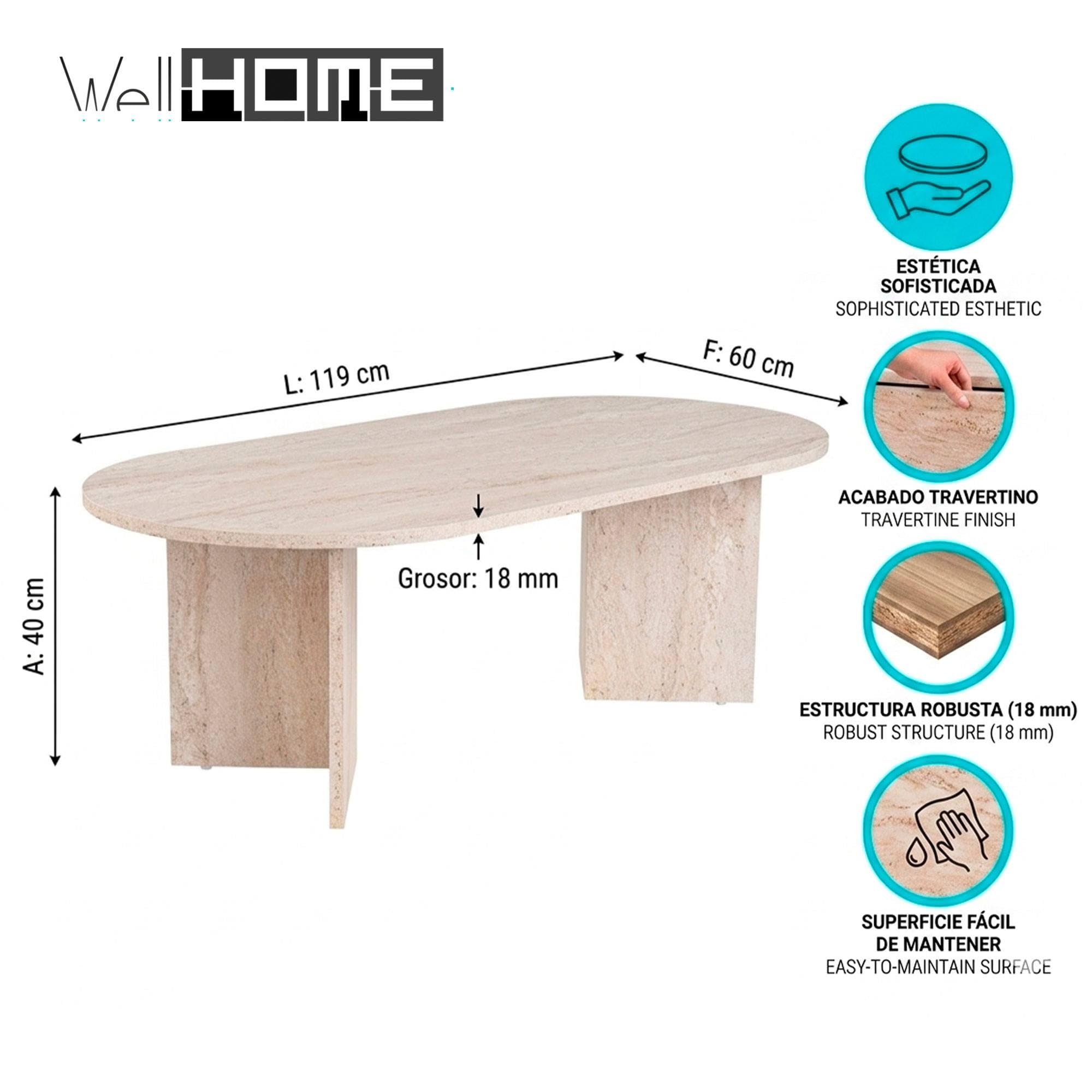 Well Home Mesa de Centro Mindanao 119x60x40cm Acabado travertino, Diseño Moderno y Elegante, Tablero 18mm en melamina, Fácil Montaje