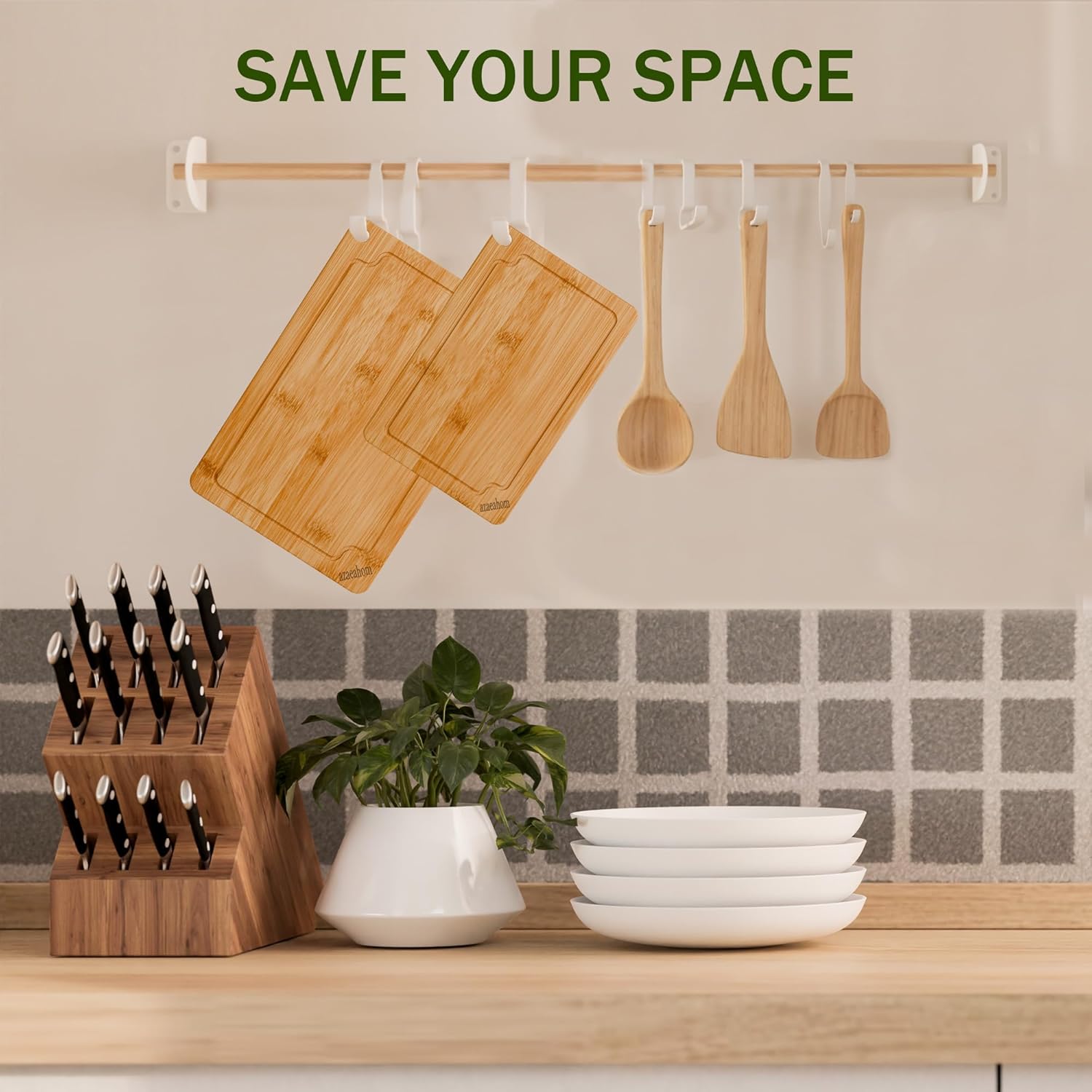 Bamboo Cutting Boards for Kitchen, 2-Piece Wood Cutting Board Set with Juice Grooves & Built-in Handles, Easy Storage & Clean Chopping Board for Meat, Vegetables, Fruit