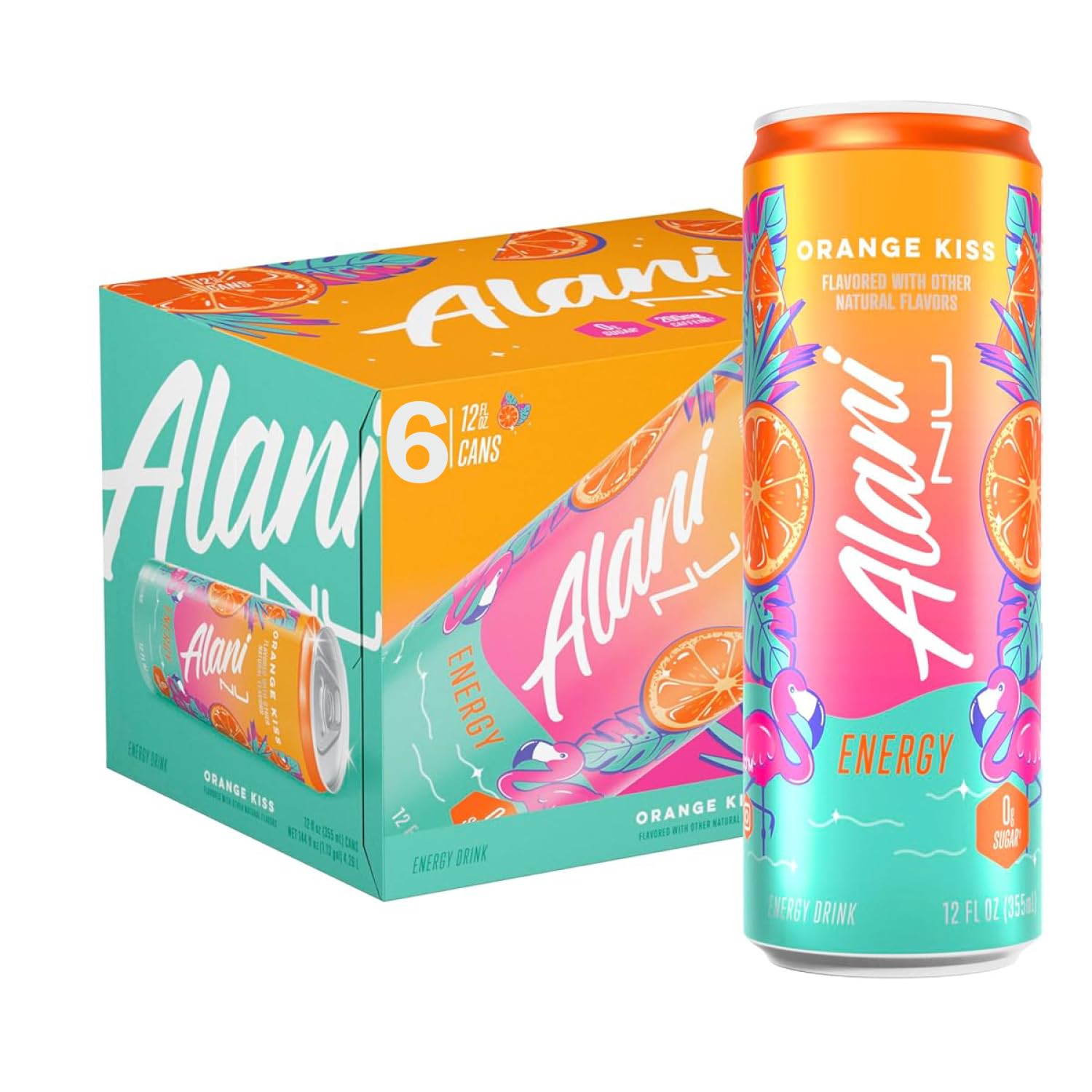 New Alani ORANGE KISS Sugar Free Low Calorie Energy Drinks, 200mg Caffeine, Zero Sugar, 12 Fl Oz Cans, 6 Pack