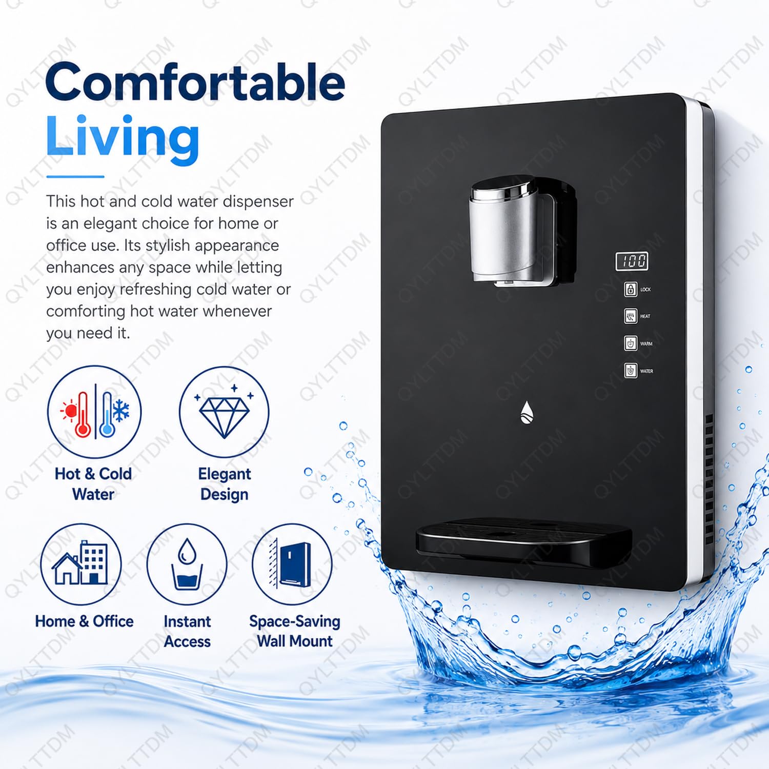 Dispensador de agua caliente instantáneo, montaje en pared de 2200 W, 30 l/h, pantalla táctil inteligente, bloqueo infantil, 0.1-0.4 MPa, caliente y fría