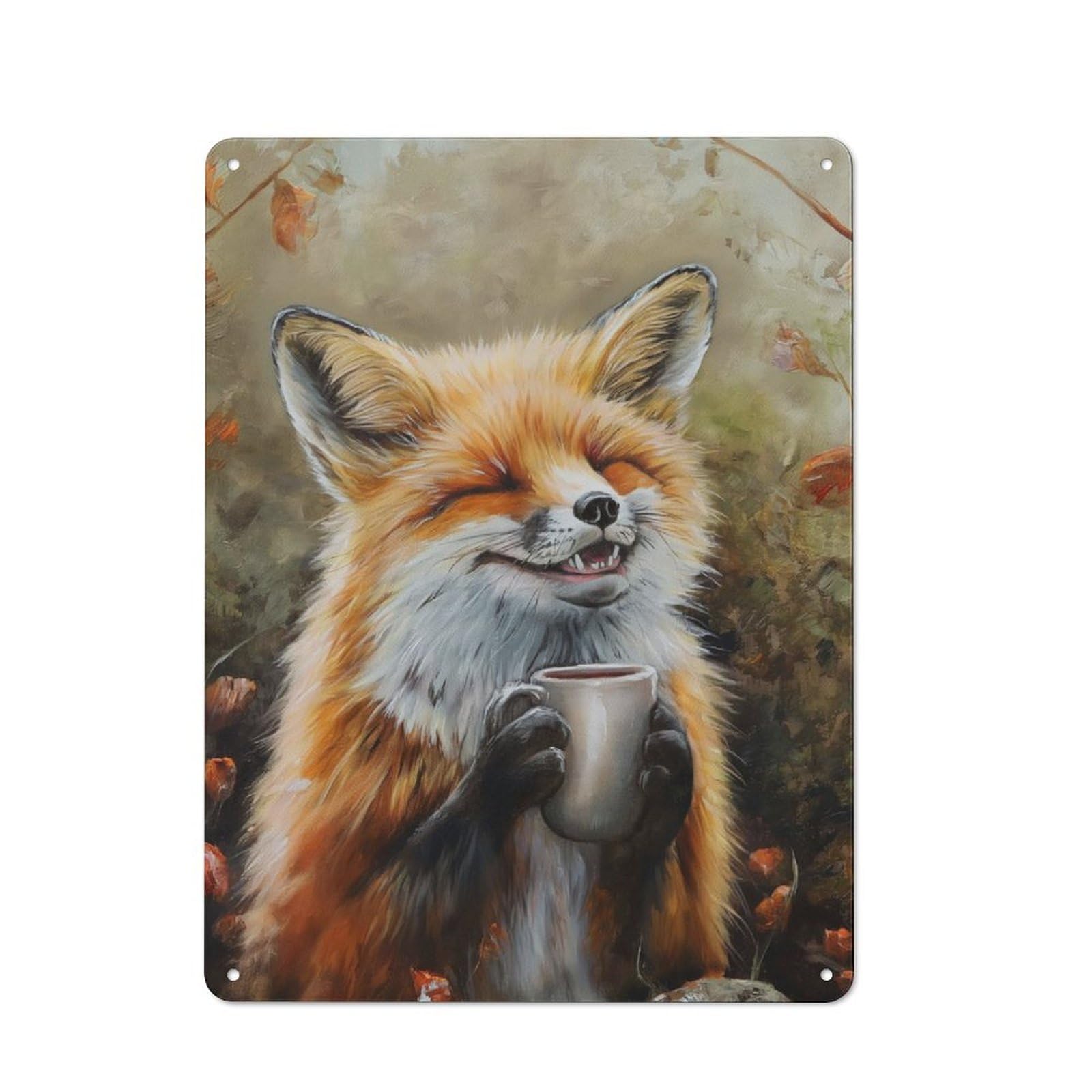 Junmoney Cute Fox Coffee Tea Drink Tin Wall Plaque 40X30cm With For Home Bar Wall, For Hosts Who Enjoy Retro Interiors