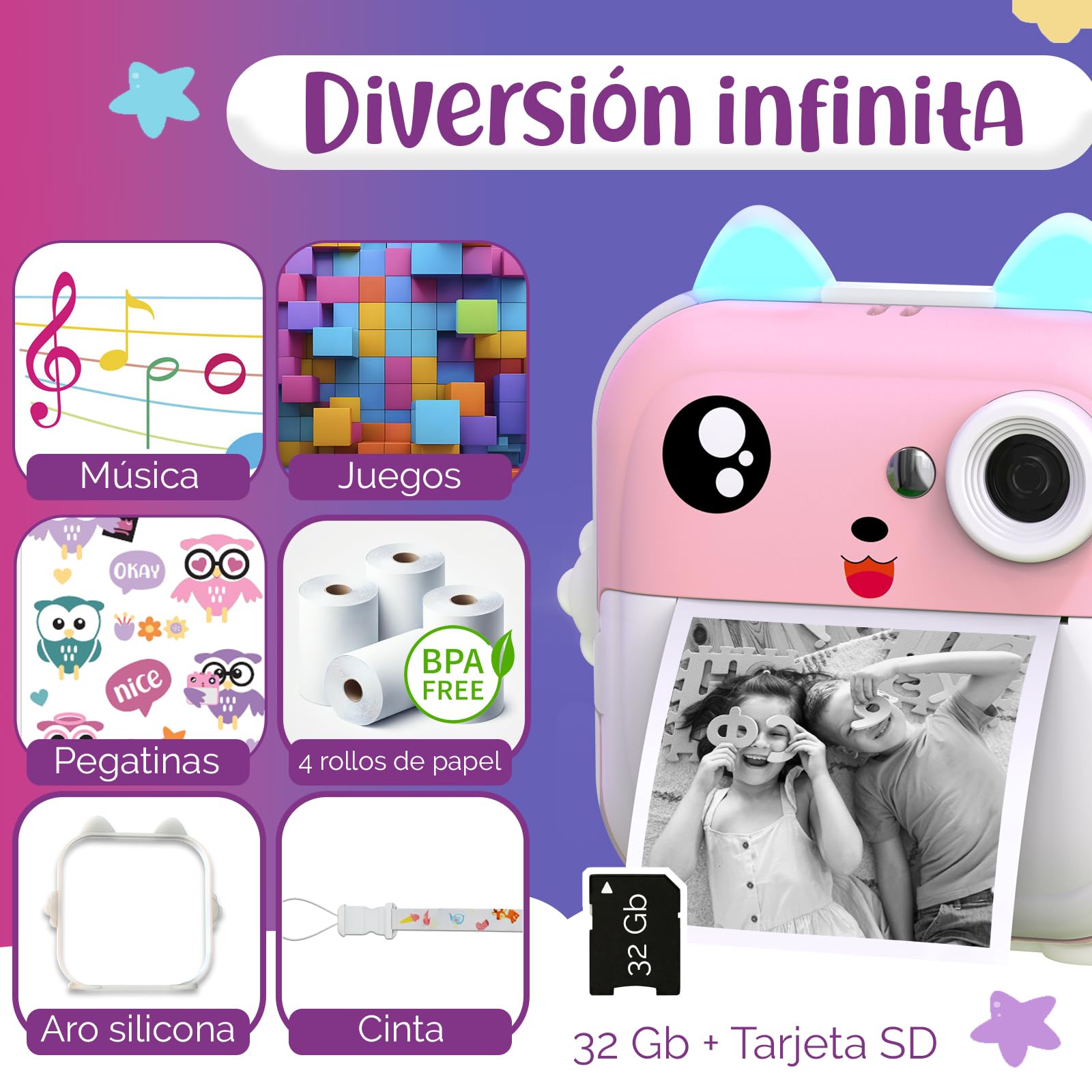 Camara de Fotos Instantaneas – Doble Lente de 48MP, Video 1080P, Impresión Térmica, 4 Rollos de Papel – Filtros Divertidos & Juegos – App Bluetooth, Tarjeta de 32GB – Regalo para Niñas & Niños - Rosa