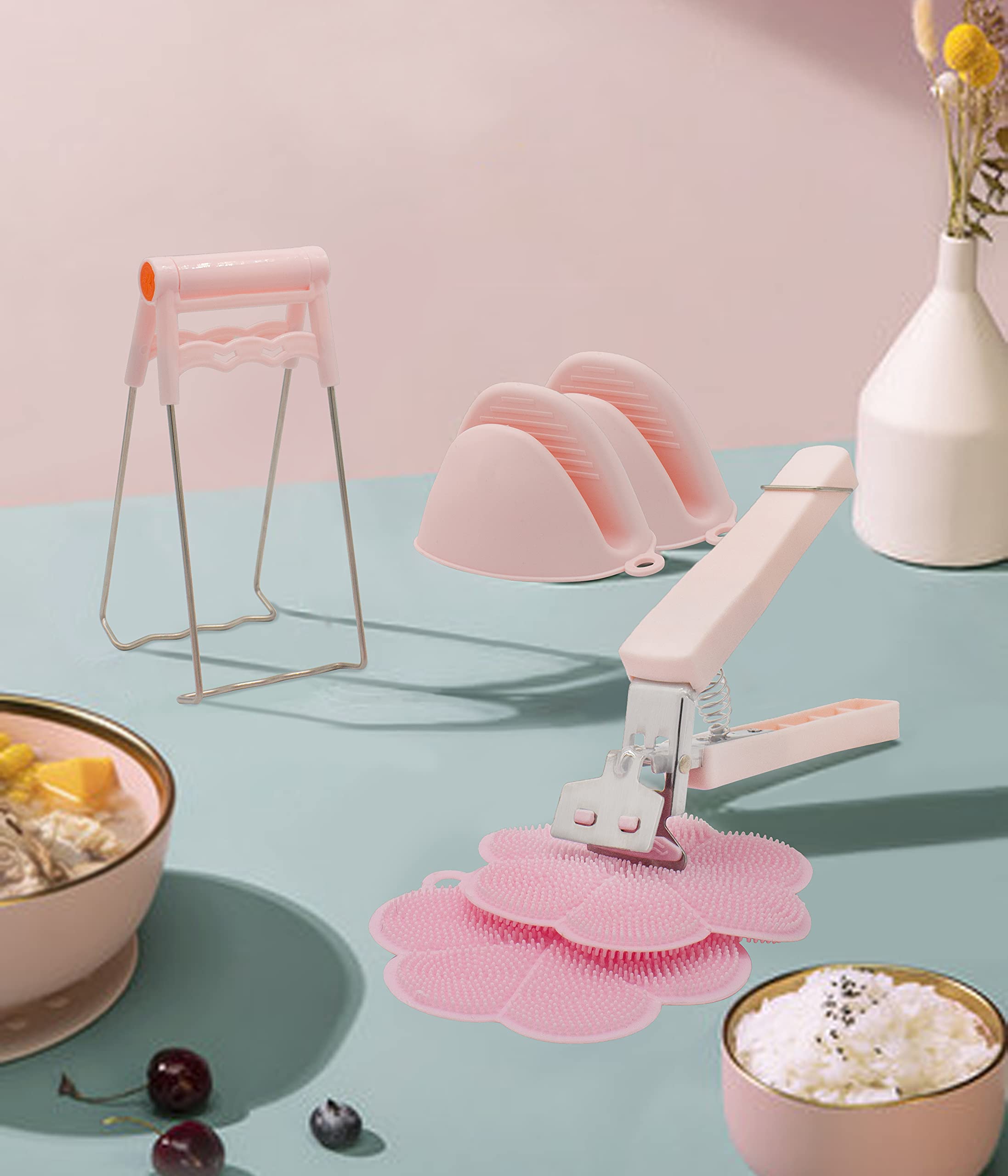 Set of 6 Hot Plate Gripper Clips Hot Bowl Dish Plate Clip Tongs Heat Resistant Silicone Oven Mitts Pads Mats, Pink