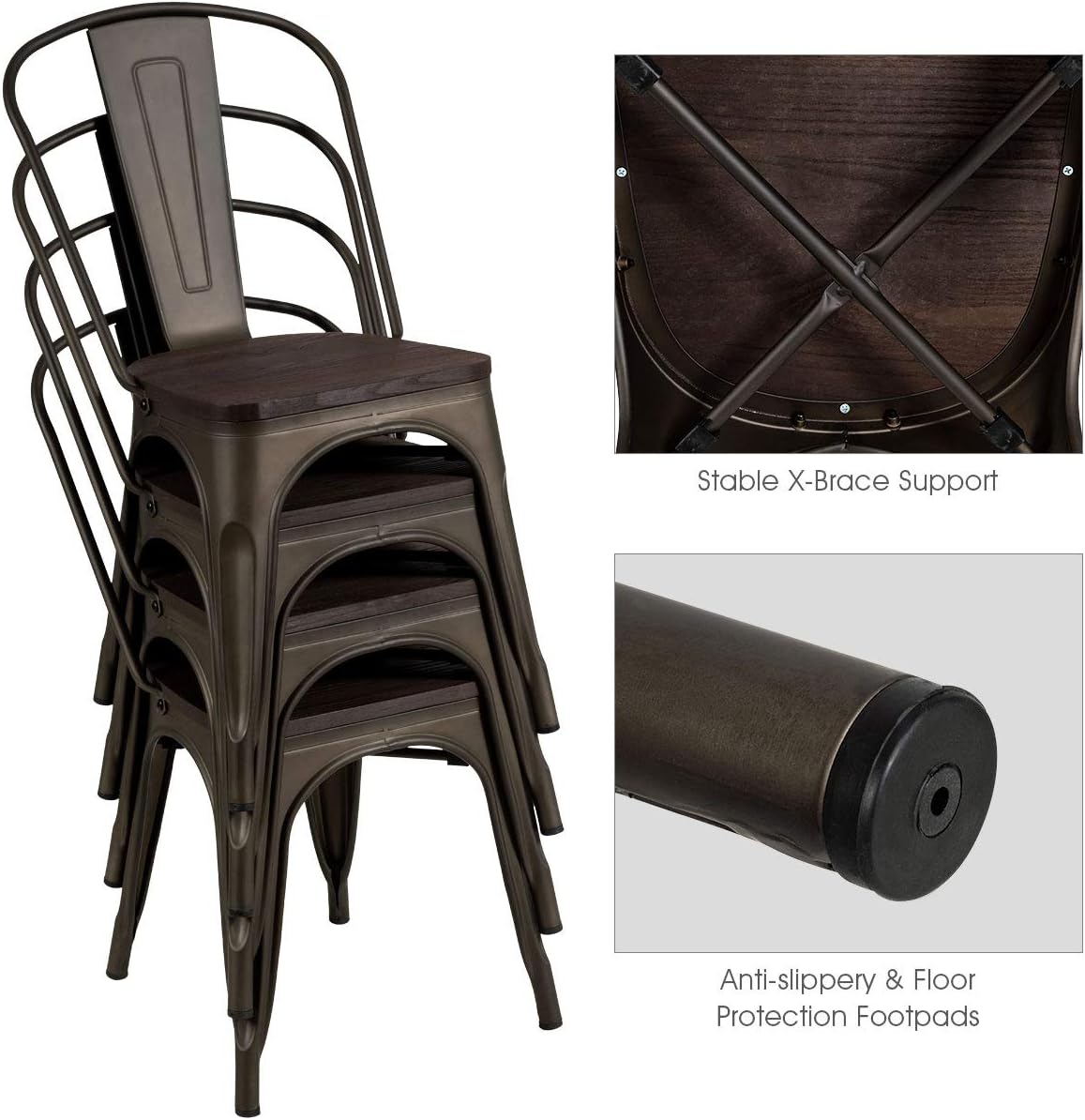 GOFLAME Set of 4 Metal Dining Chairs with Wood Top Seat, Tolix Style Stackable Bistro Cafe Side Chair, Indoor Outdoor Dining Chairs with High Backrest, Perfect for Living Room, Restaurant (Copper)