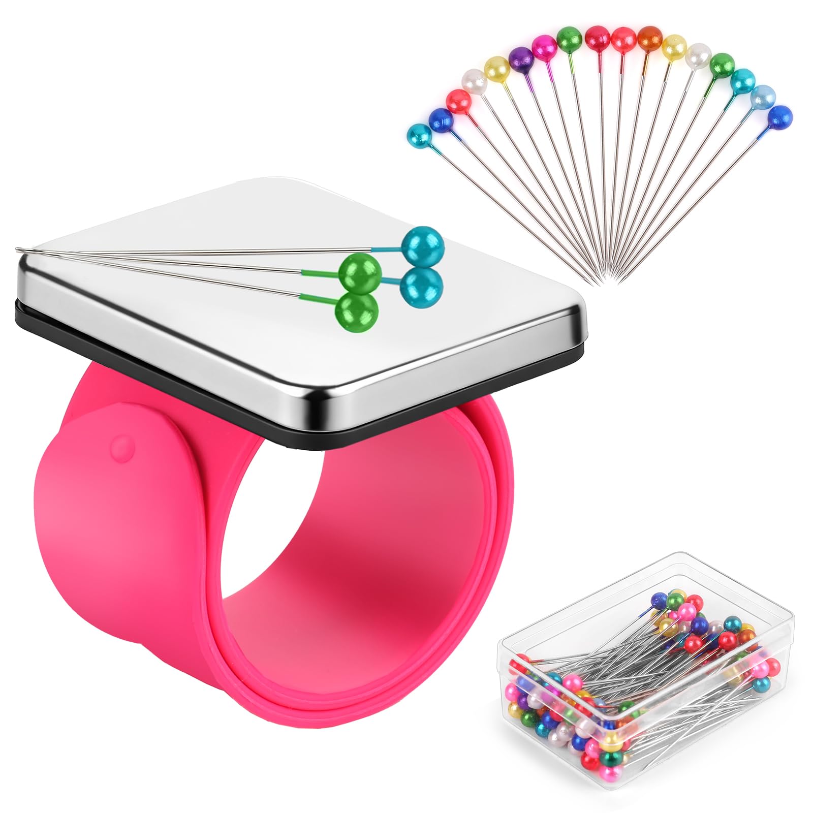 Magnetic Pincushion Wristband Rose Red 9.5" with 100 Pcs 1.5 Inch Colorful Ball Head Sewing Pins Set, Magnetic Pin Cushion Wrist Holder for Sewing, Silicone Wrist Pin Holder for Quilting and Braiding