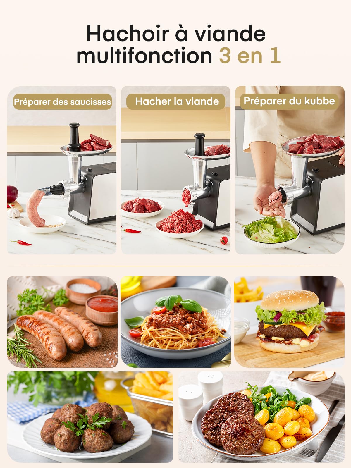 FOHERE Hachoir à Viande Électrique 3200W Max avec 3 Grilles