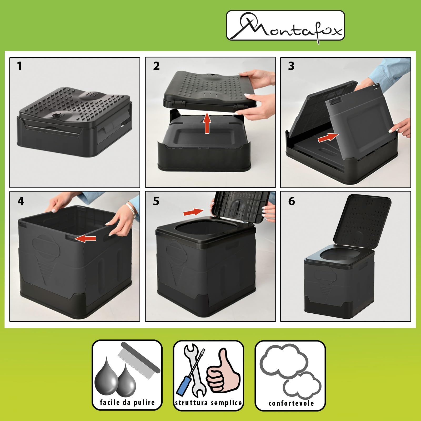 Montafox Toilette Portatile Campeggio Pieghevole Max 150 kg WC Mobile Gabinetto 12 Sacchetti Igienici Stabile