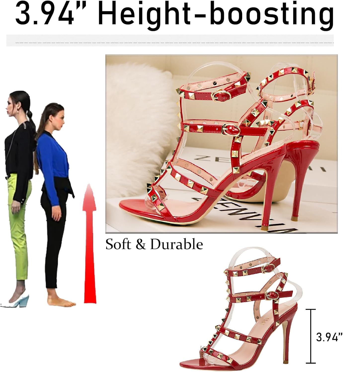 Women's Studded Strappy Leather Stiletto Heels Sandals with Adjustable Ankle Buckle Sexy Open Pointed Toe Fashion T-Strap Roman High Heel Pumps for Party Prom Dress Shoes - Image 2