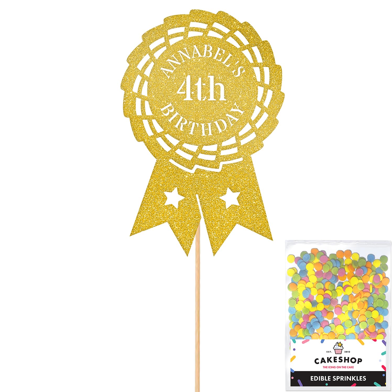 Personalised Horse Riding Rosette Award Glitter Cake Topper - Gold Custom Age & Name Glitter Cake Decoration and Sprinkles - Happy Birthday Decorations - Personalised Toppers for Cakes by Cakeshop