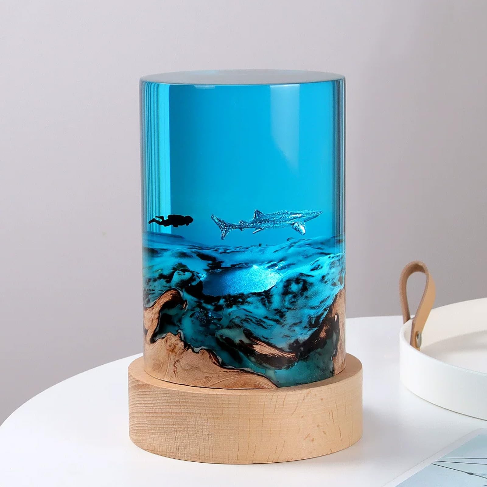 Atckcalb B Atckcal Handmade Ocean Resin Lamp With Scuba Diver & Whale Shark Diorama, Unique Epoxy Wood Night Light For Edroom Decor, Gifts For Ocean Lovers(B)