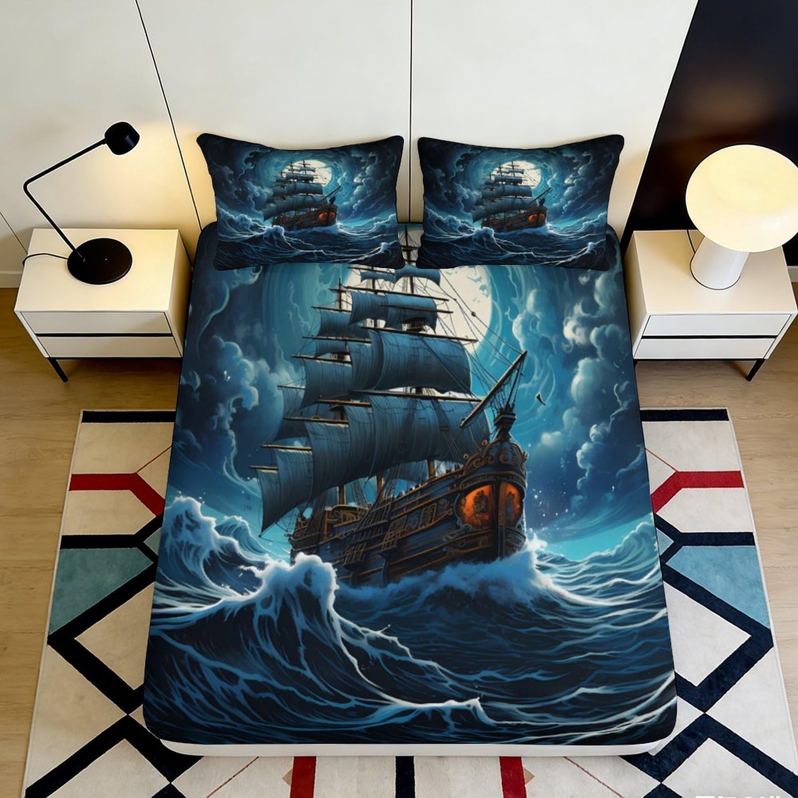 3D Printed Ocean Pirate Ship Fitted Sheet Microfiber Soft Blue Waves Bed Cover for Bedroom Dorm Room Decor 160x200x25cm