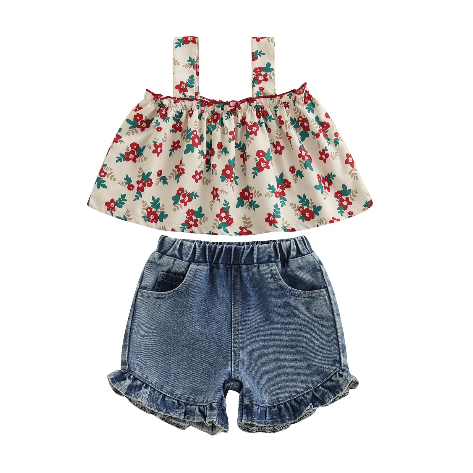 Toddler Denim Set Girl Floral Crop Tank Top Sleeveless Halter Tops Ruffle Denim Jeans Short Baby Summer Clothes 0-4T (Blue, 2-3T)