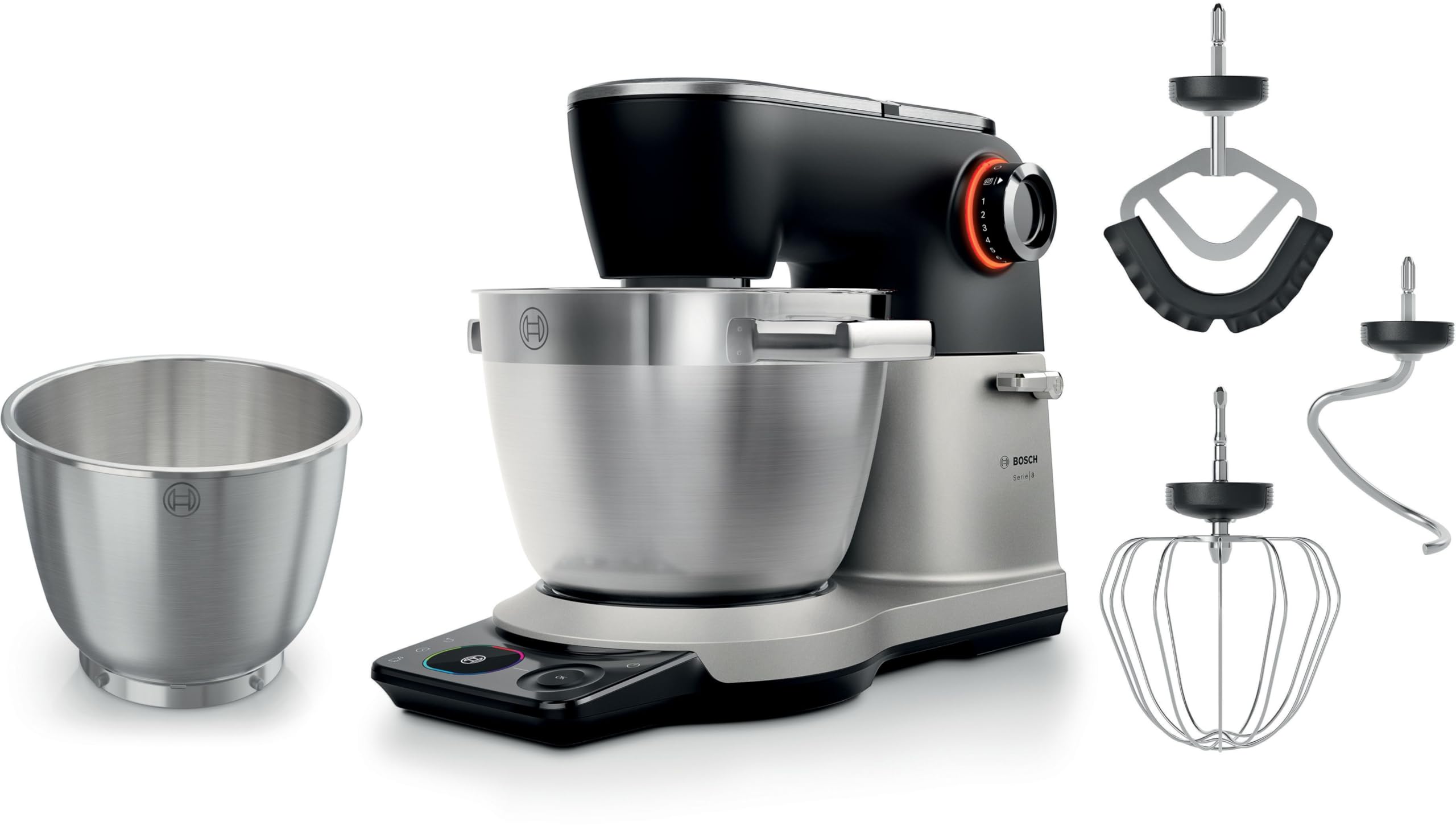 Bosch, robot kuchenny Serie 8, z wagą, silnik 1800 W chłodzony powietrzem, system mieszania planetarnego 3D, zestaw cukierniczya, misa 6,0 l, dodatkowa misa, metalowa obudowa, MUMS8ZS18