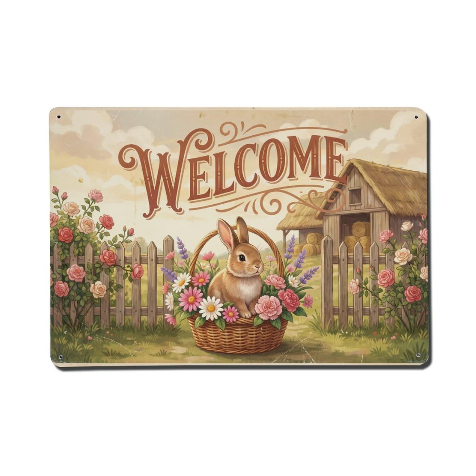 Vintage Welcome Rabbit Cottage Life Metal Tin Sign