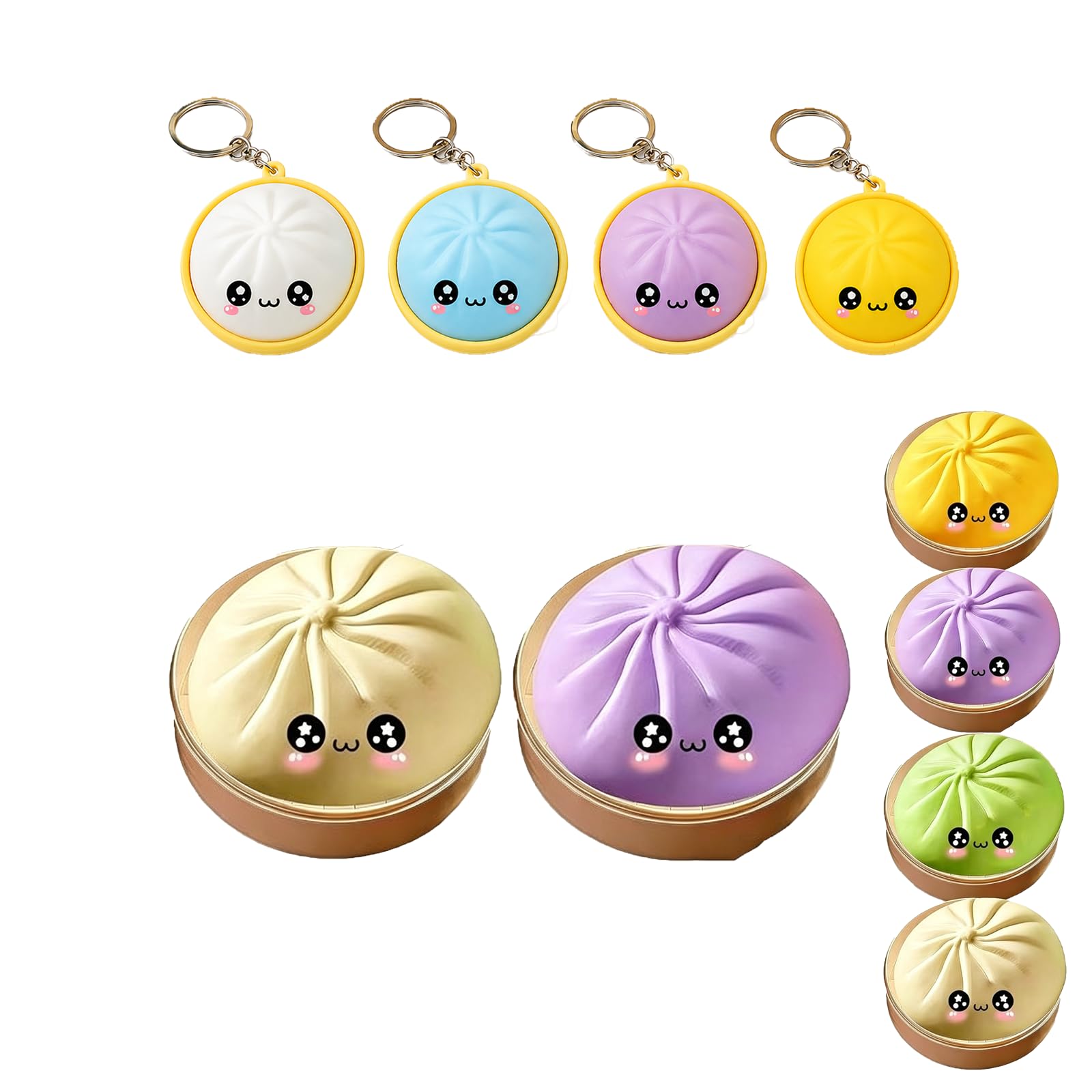 6Pcs Dumpling Squishy, Mini Dumpling Squishy Fidget Keyboard Clicker, Squishy Slow Rising Office Desk Companion, Car Travel Fidget, 2 Random Color Dumplings and 4 Dumplings Keychains