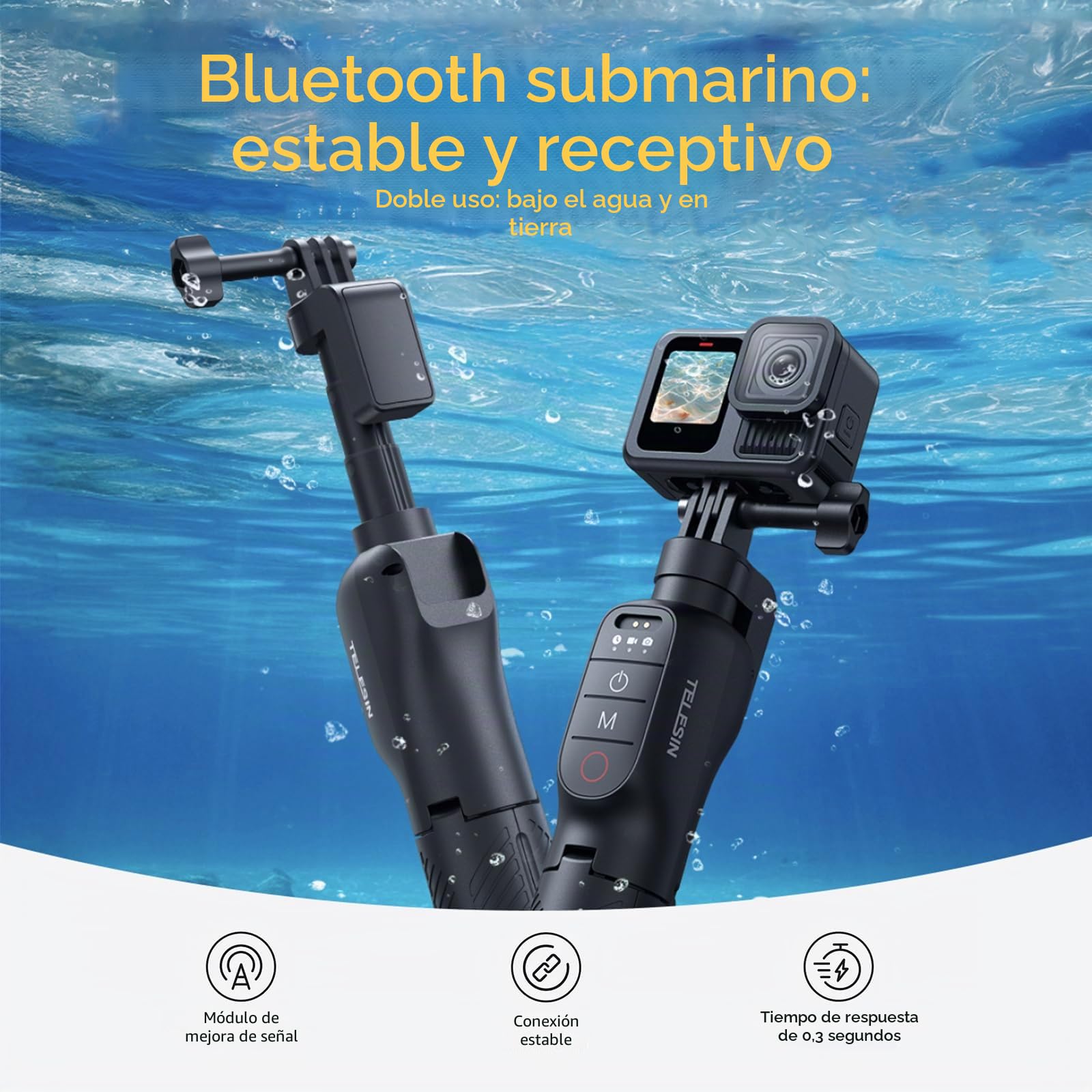 Trípode para Selfie con empuñadura Flotante, Impermeable, Extensible, monopié para Selfie con Control Remoto Bluetooth para cámaras de acción Go Pro Hero 13,12,11,10,9,8 Black