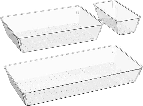 Miniatura 7 de Juego de 3 organizadores de cajones transparentes grandes, bandejas organizadoras de cajones de escritorio de 15 x 6 pulgadas con almohadillas de