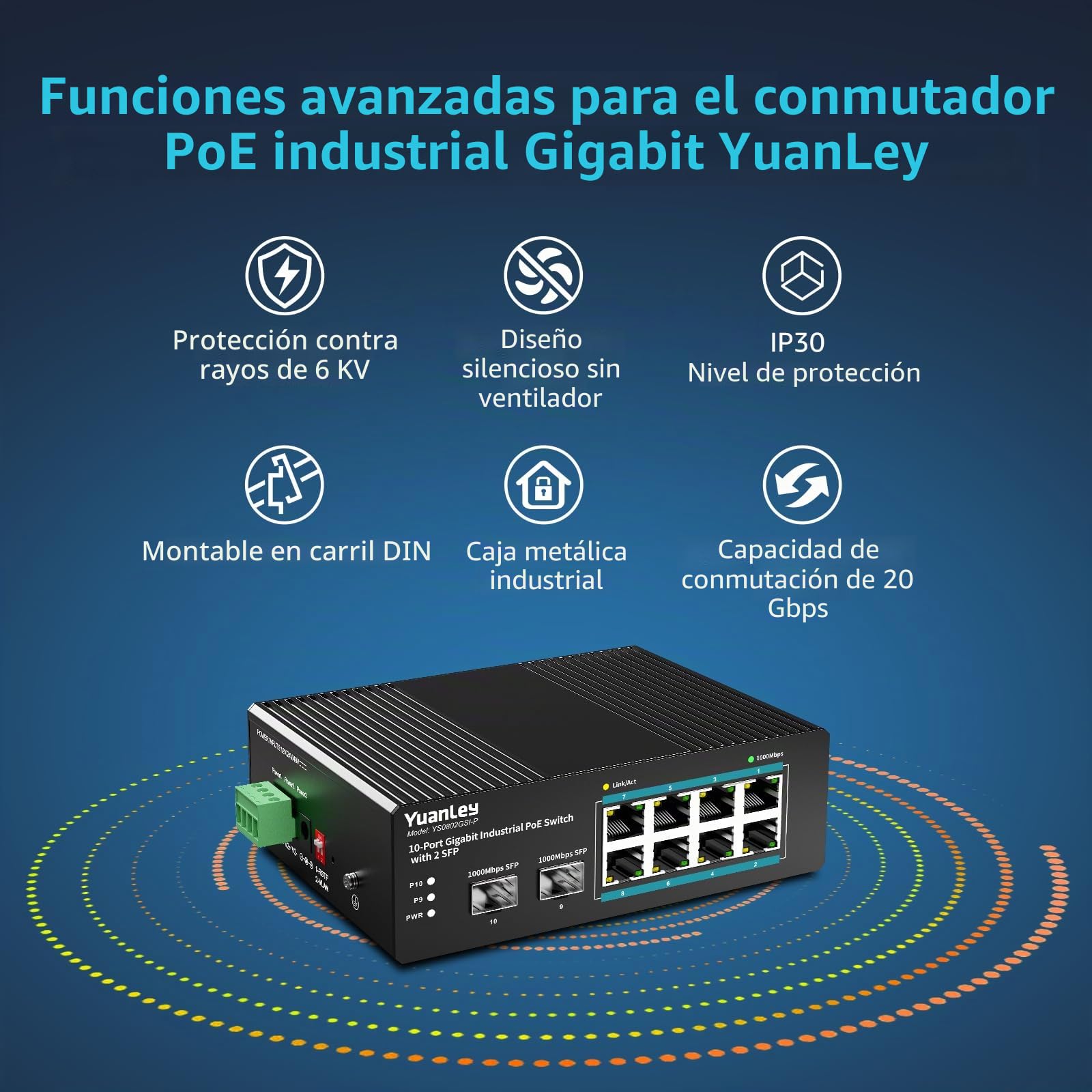 YuanLey Switch Industrial de 10 Puertos con 8 Puertos PoE Gigabit & 2 SFP, Switch PoE No Gestionado con Fuente de 120W, IEEE802.3af/at, VLAN & RSTP, DIN-Rail para Cámaras IP, Ap