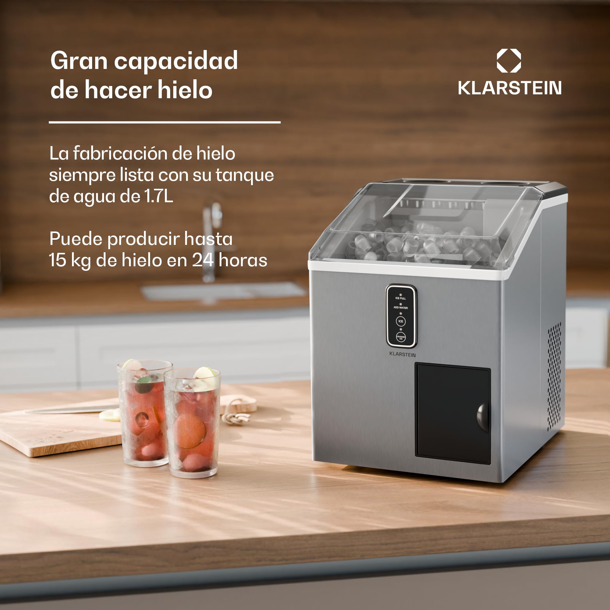 Klarstein Máquina de Hielo 15 kg - Acero Inoxidable, 2 Tipos de Hielo, Depósito 1.8L, Panel LED, Alarma Nivel Agua, Compacta & Potente, Ideal para Casa/Fiestas
