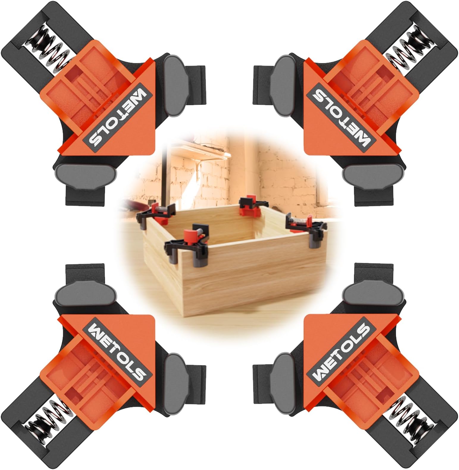 WETOLS Corner Clamp for Woodworking, 90 Degree Right Angle Clamp, Wood Clamps, 4Pcs Adjustable Spring Loaded Woodworking Clamp, Gifts for Him, Birthday Gifts for Men, Photo Framing, Orange