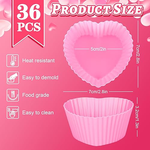 Miniatura 2 de Whaline 36 tazas de silicona para hornear para el día de San Valentín, forros de cupcakes en forma de corazón rosa, moldes antiadherentes para