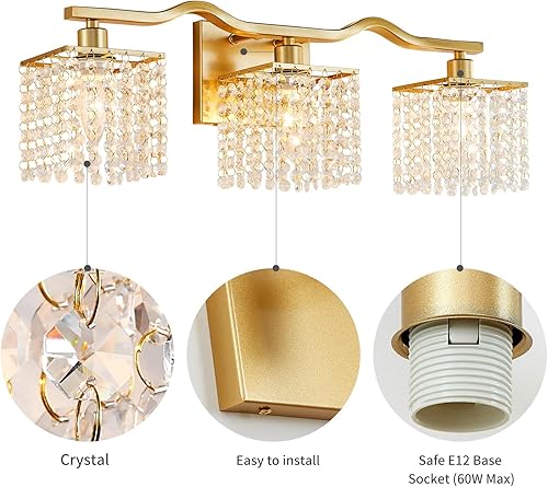 Miniatura 3 de WUZUPS Morden - Lámpara de baño de 3 luces sobre espejo, apliques de pared de tocador, luz de cristal transparente para dormitorio, sala de estar,