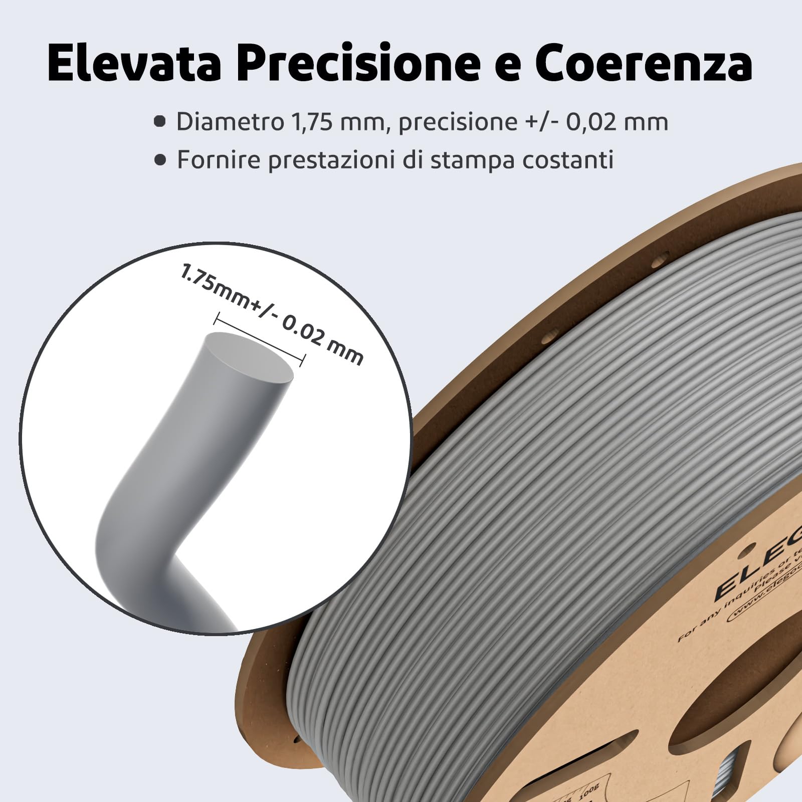 ELEGOO Filamento PLA 1.75mm Grigio 1KG, Filamento per Stampante 3D, Precisione Dimensionale +/- 0.02mm, Adatta per La Maggior Parte delle Stampanti 3D