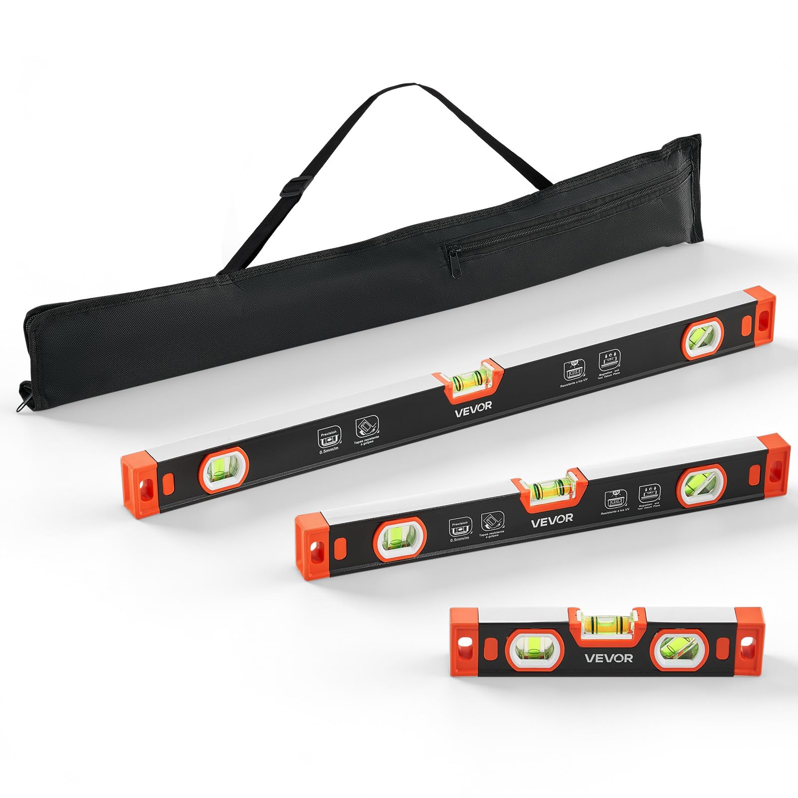 VEVOR Torpedo Level, 3-Piece Included 9/16/24 in, Magnetic Leveler Tool Set Aluminum Alloy, with Clear 3 Green Vials, V-Groove, Hanging Hole, Multi-angle Measurement for Construction Home Renovation