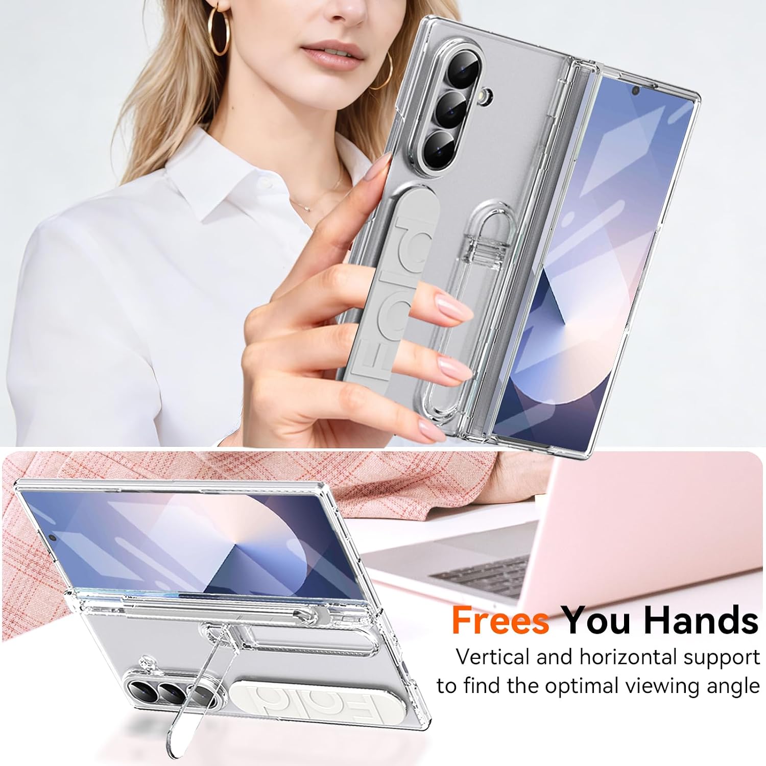 Finger Strap for Samsung Galaxy Z Fold 6 Case with S Pen Holder & Stylus, [Two Hinge Cover] Built inScreen Protector Kickstand Wristband Full Coverage Slim Protective Case for Z Fold 6 Clear