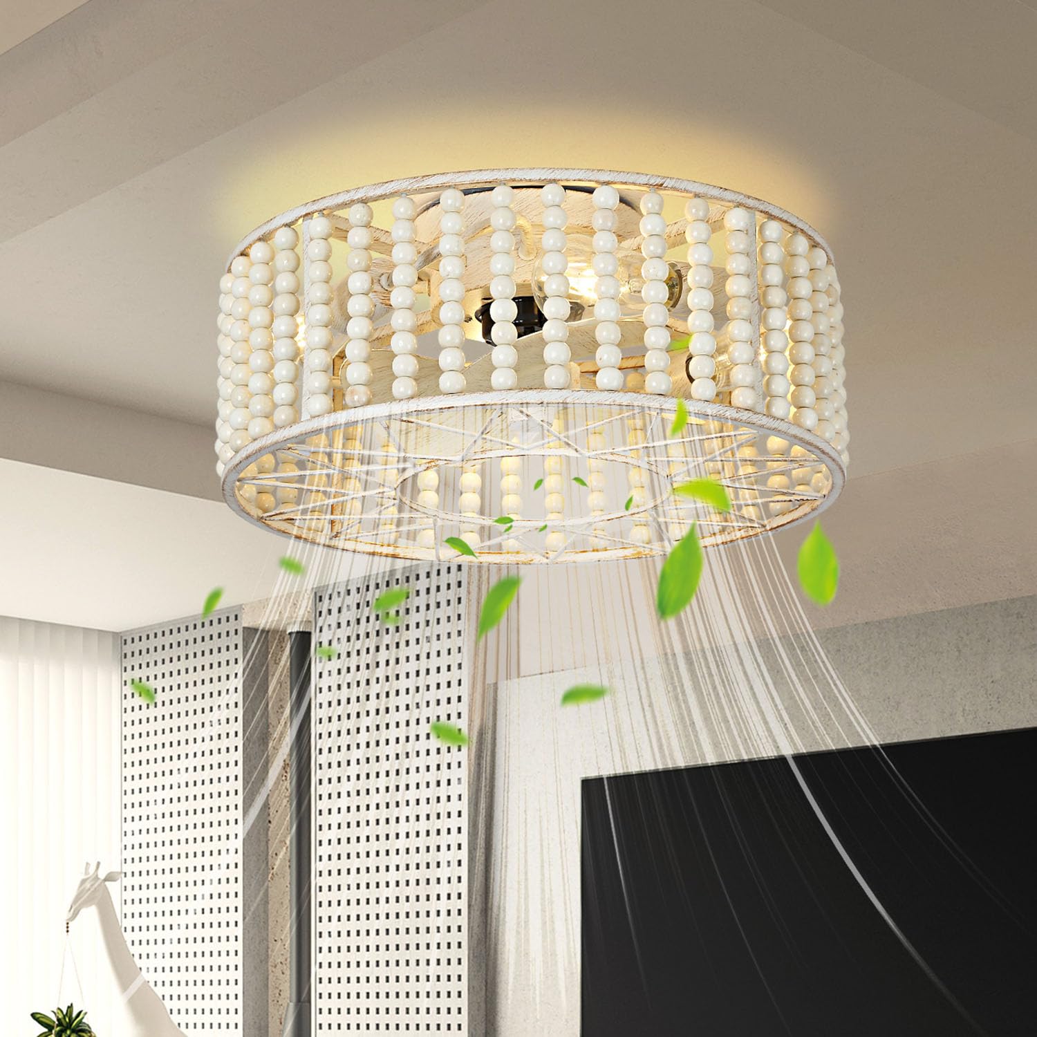 SMLERAY Boho caged ceiling fan with light,18" Wood Beads Flush Mount Fan Lights Remote Control,6 Speed Low Profile Reversible Motor for Bedroom Kitchen Living Room